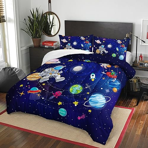 Miniatura 2 de AILONEN Juego de edredón de astronauta tamaño individual, lindo juego de ropa de cama de astronauta para niños y niños, 3 piezas, 1 edredón y 2