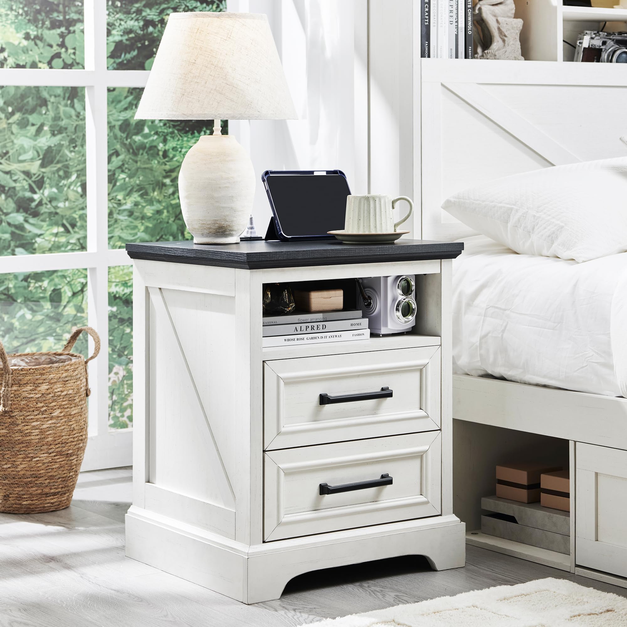 ACCOHOHO 18" Farmhouse Nightstand with Charging Station,End Table with 2 Drawers Storage,Side Table,Bedside Cabinet for Bedroom,Living Room,Antique White