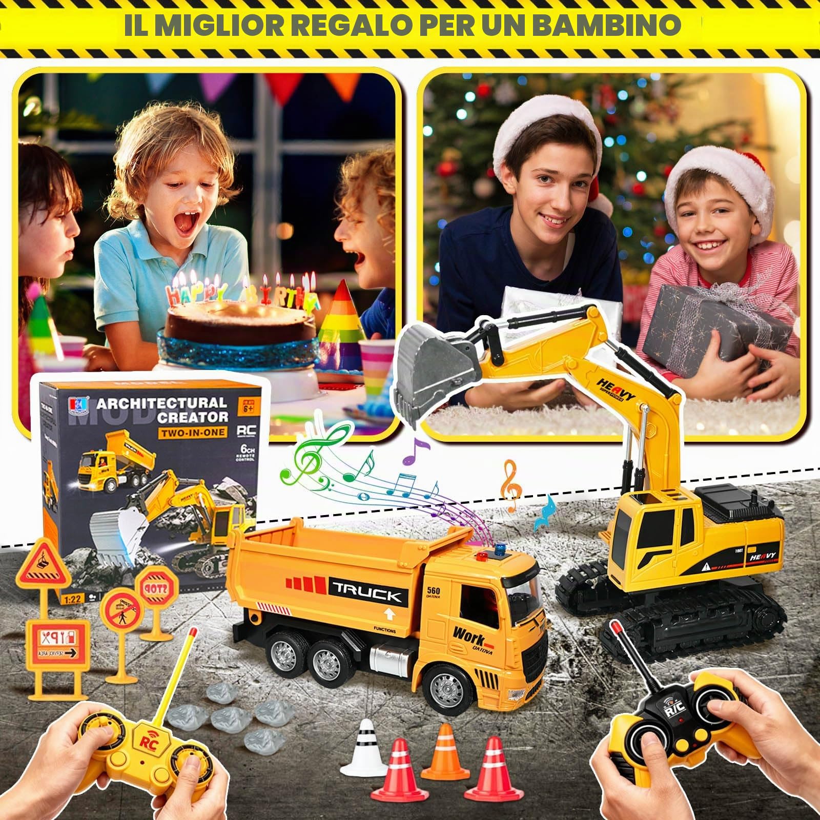 Escavatore Radiocomandato e Camion Ribaltabile Telecomandato, 2 RC Veicoli da Costruzione con Segnali Stradali, Barriere, Pietre Simulate, Luci e Rumori, Regalo di Compleanno per Bambini 6 Anni