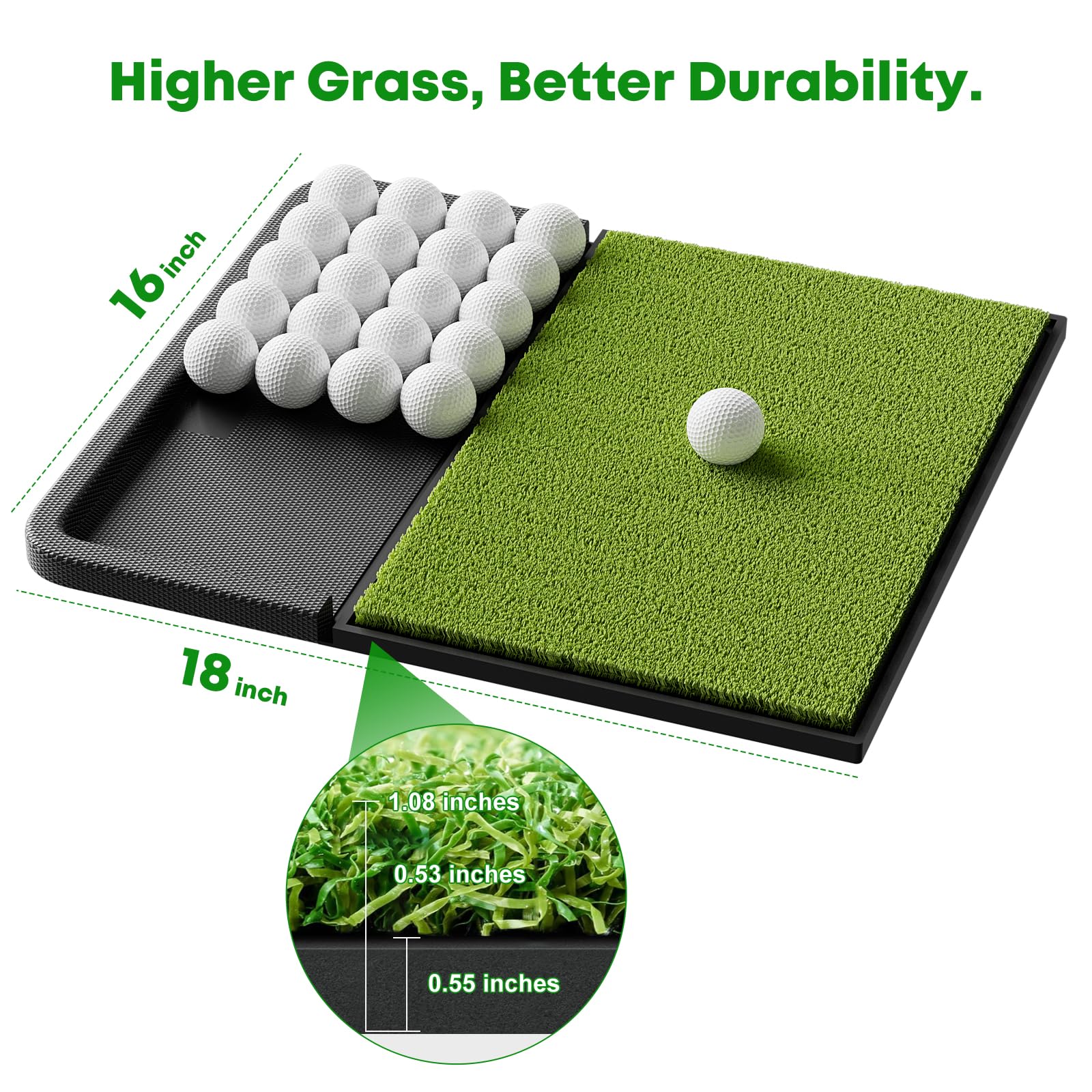 Golfschlagmatte mit integrierter Ballablage, faltbare Golf-Übungsmatte mit Gummiunterseite, hält 32 Golfbälle, Fairway-Rasen
