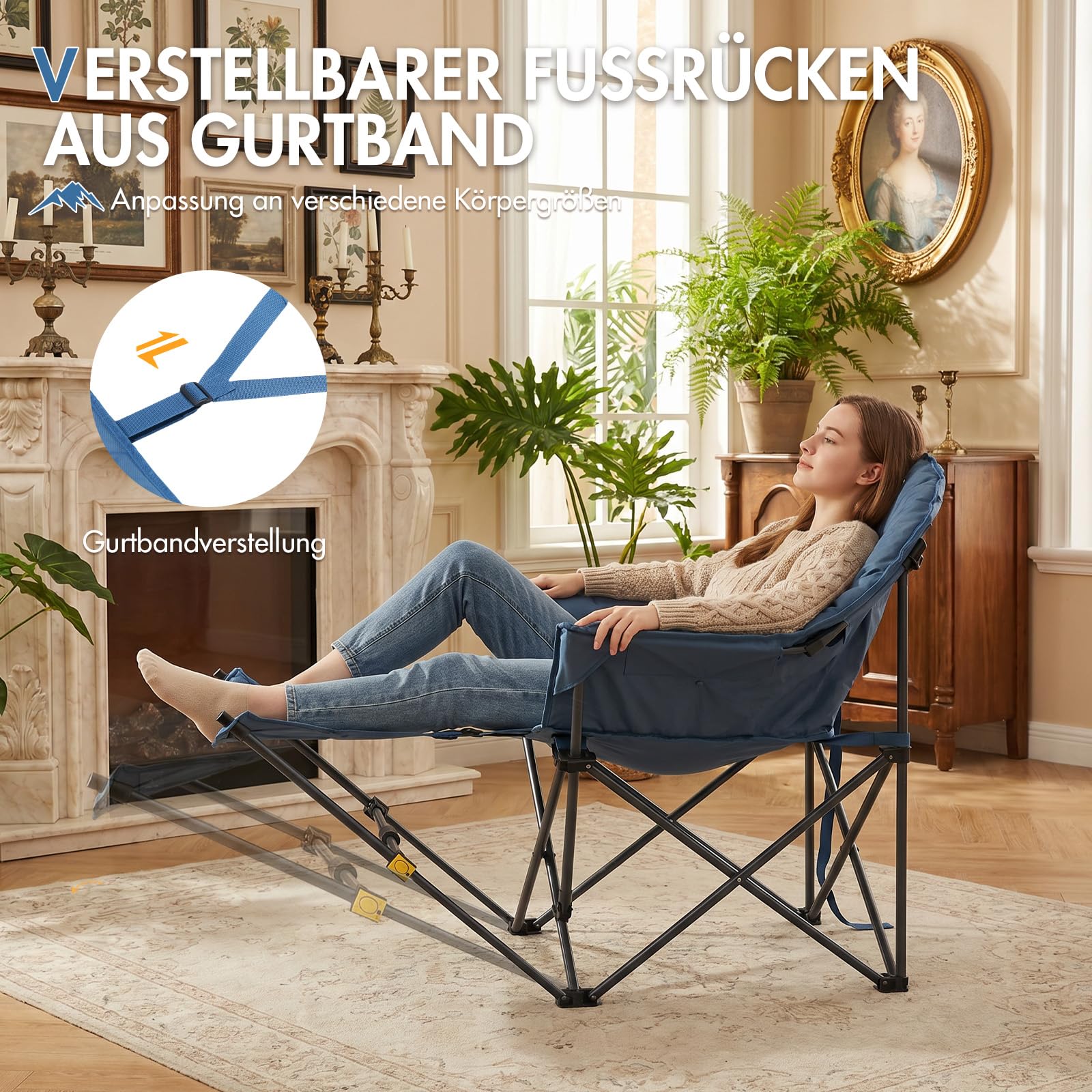 Moonchair Campingstuhl mit Fußablage 180kg XL Bequemer Luxuriös gepolsterter breiter Gartensessel Schwerlast-Liegestuhl ideal für Strand, Picknick, Balkon & Terrasse