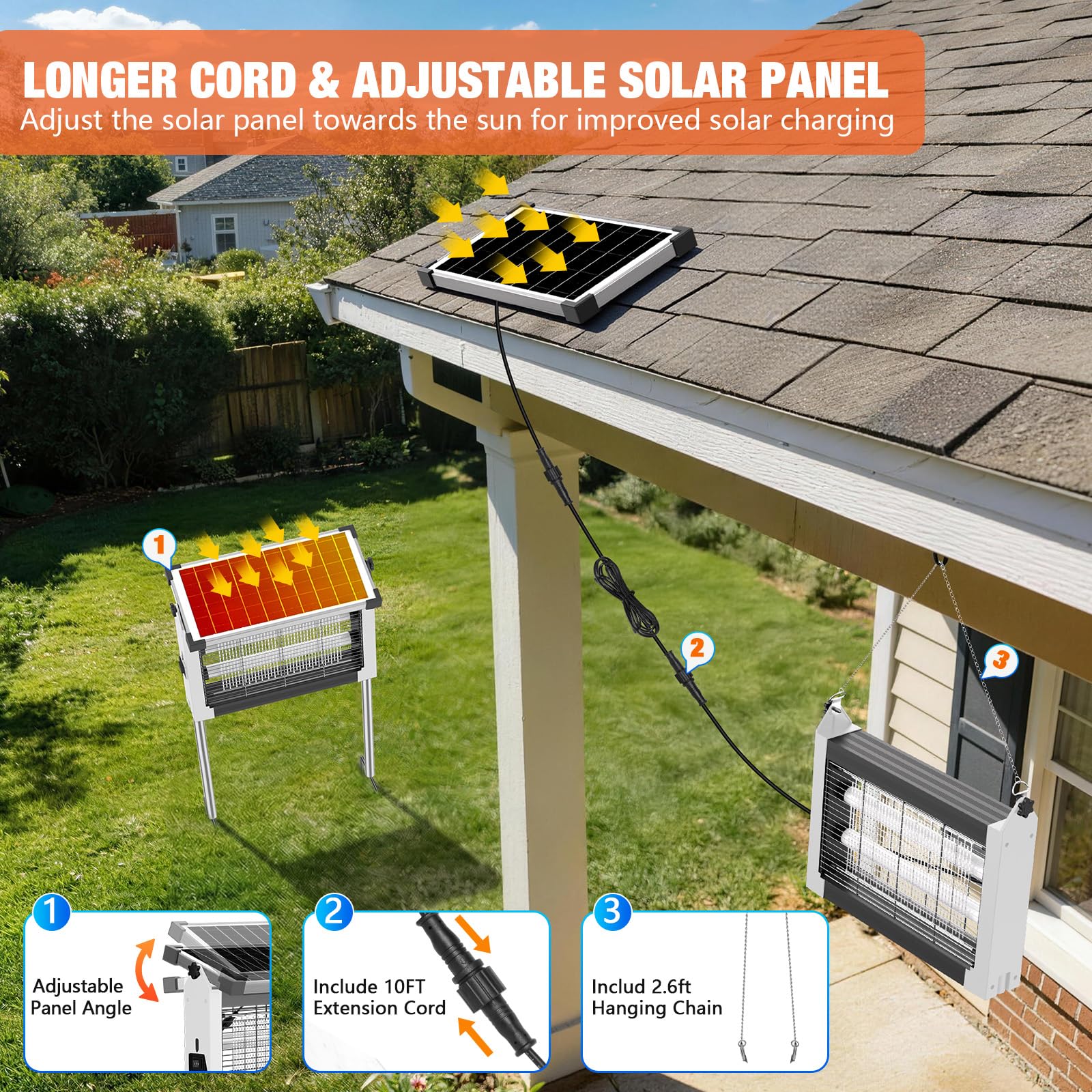 Solar Bug Zapper Outdoor, 4500V Wiederaufladbarer Wasserdichter Mückenvernichter mit Solarpanel Sensor, Elektrische Fliegenfalle, 3.0 m Kabel, Kabelloser Insektenvernichter für Terrasse Hof