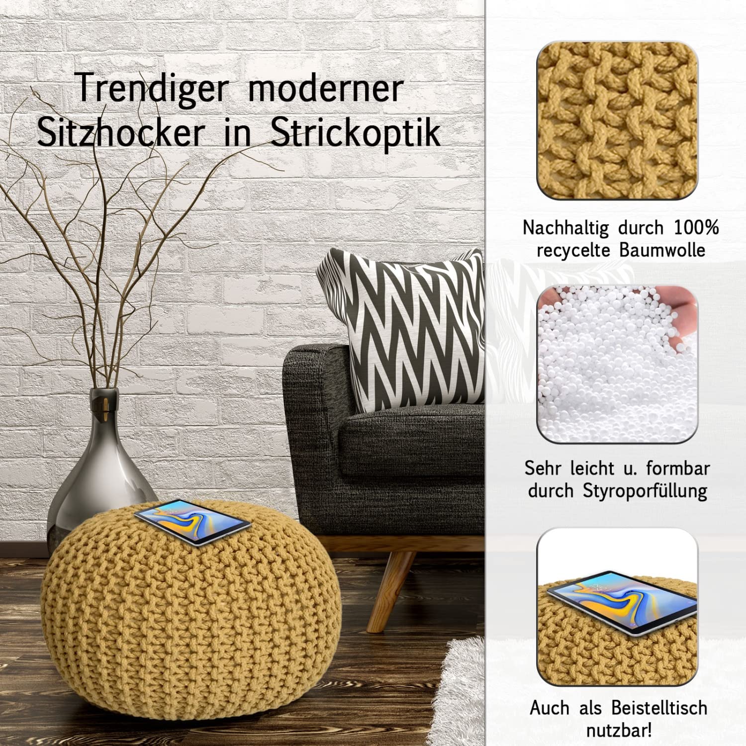 Casamia Pouf Ø 55 Pouf a maglia, 45 cm, per interni, diametro 55 cm, colore giallo