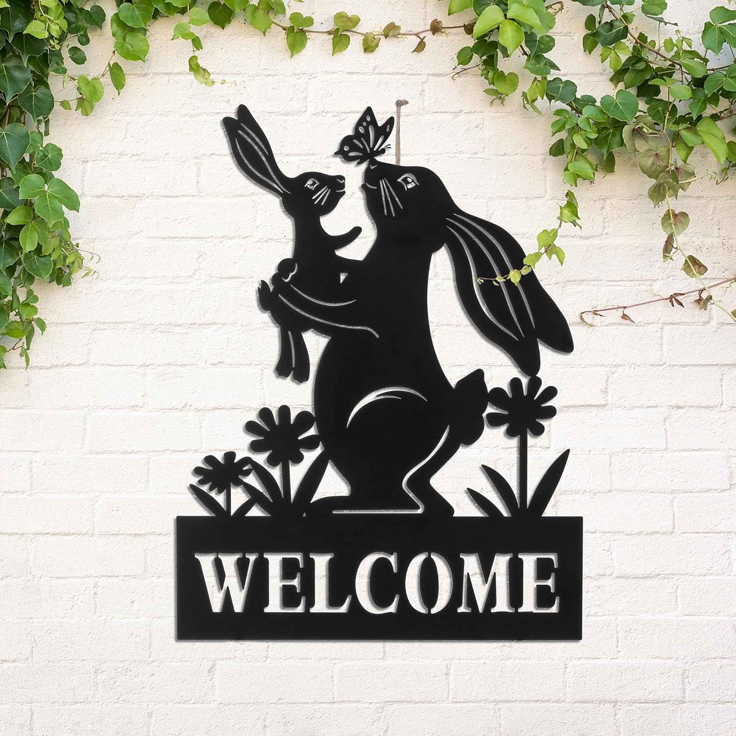 Glitzhome Easter Rabbit Decorative Garden Stakes, 30" H Black Metal Silhouette with Welcome Sign and Butterfly Cutout, Iron Yard Lawn Spring Decor or Wall Decor