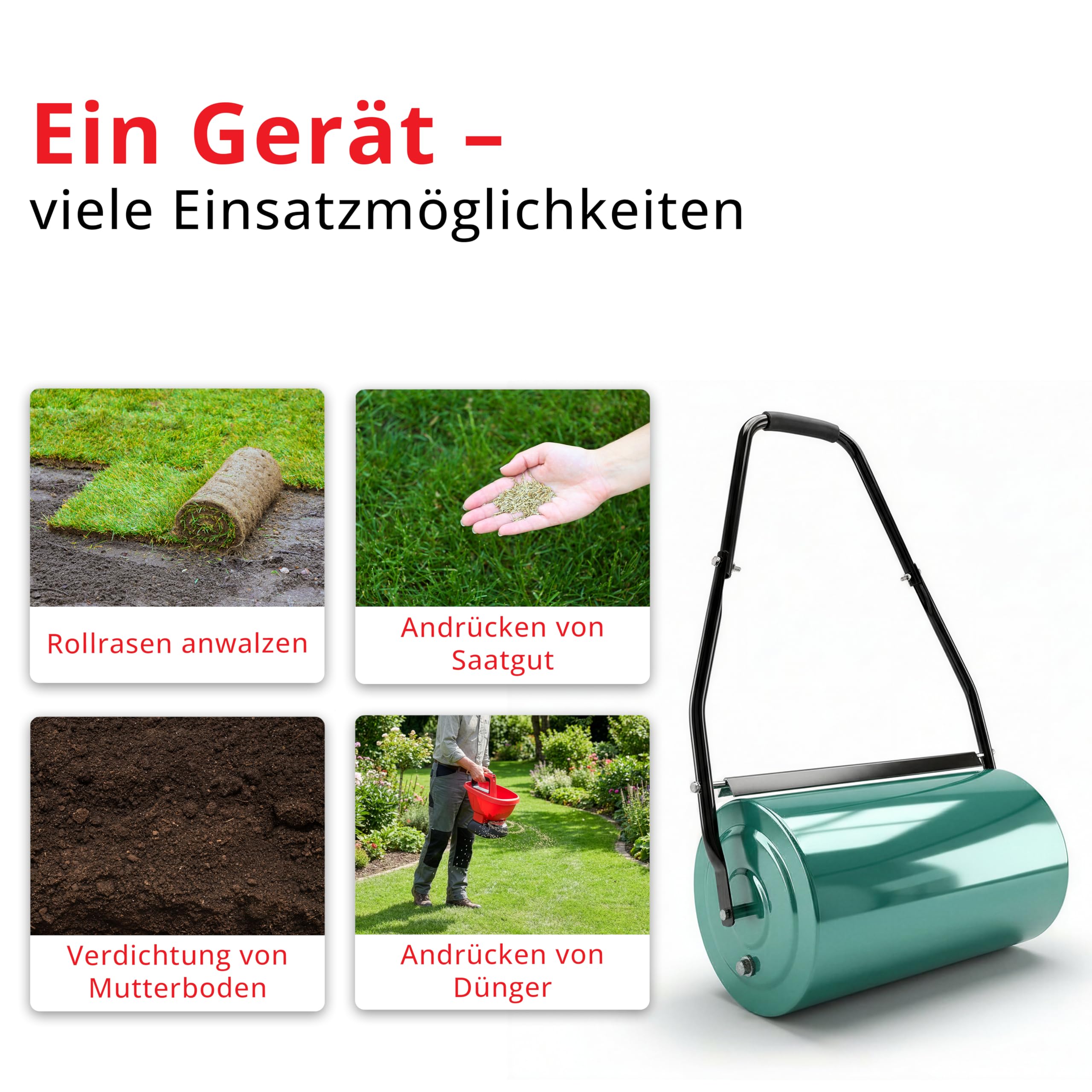 Rasenwalze Hand Walze für Rasenpflege, Ergonomischer Führungsholm, mit Wasser oder Sand Befüllbar, Rasenroller für Kleine bis Mittlere Rasenflächen, Gartenwalze für Gleichmäßige Rasenverdichtung