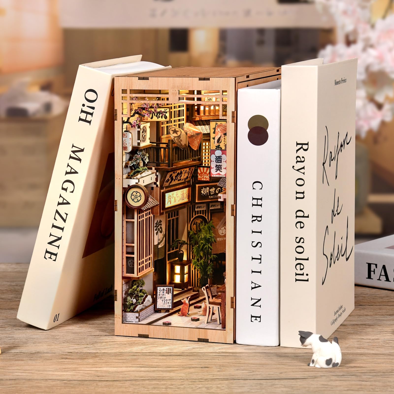 Book Nook Kit para niños y Adultos, Modelo de Estilo japonés The Alley Waiting for The Cat,Miniatura Puzzle 3D de Madera con Luz LED,Creativa Decoración Hogareña y Regalo Original
