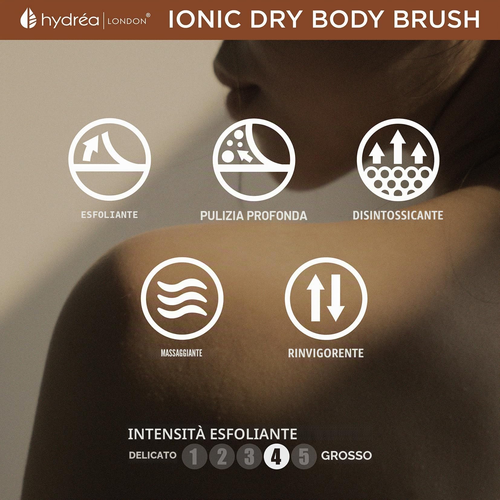 Hydrea London Ionic Copper Glow Dry Body Brush Spazzola esfoliante ed energizzante per la pelle con setole in rame, drenaggio linfatico, massaggio a secco, anticellulite