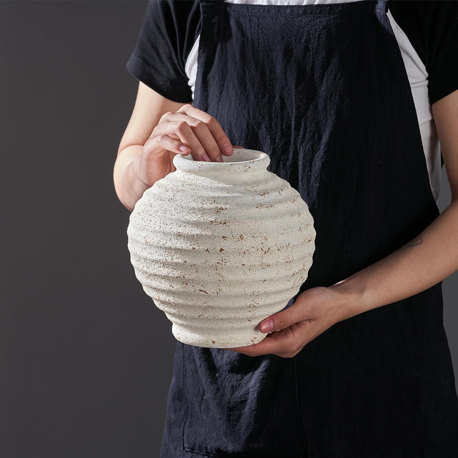 Ceramic Rustic Vase, Large Vintage Flower Vase, 7.8 Inch Threaded Decorative Vases, Farmhouse Vases, Pampas Decor Decorative Pottery Flower Decor(White Round-01)