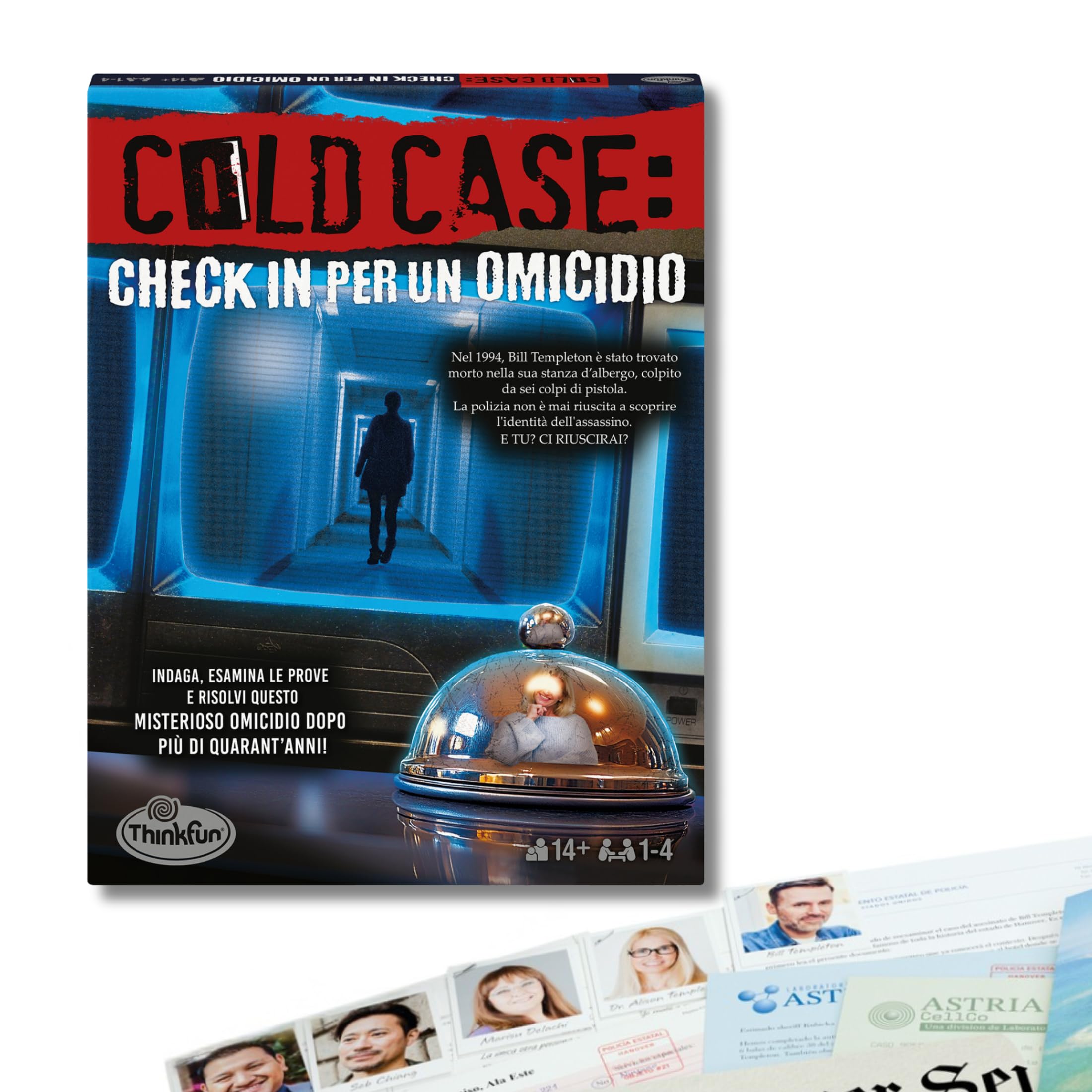 ThinkFun - Cold Case 5: Check in per un omicidio, Gioco investigativo poliziesco con indizi e prove per risolvere il caso, Gioco da tavolo mistero per adulti 1-4 giocatori, Idee Regalo