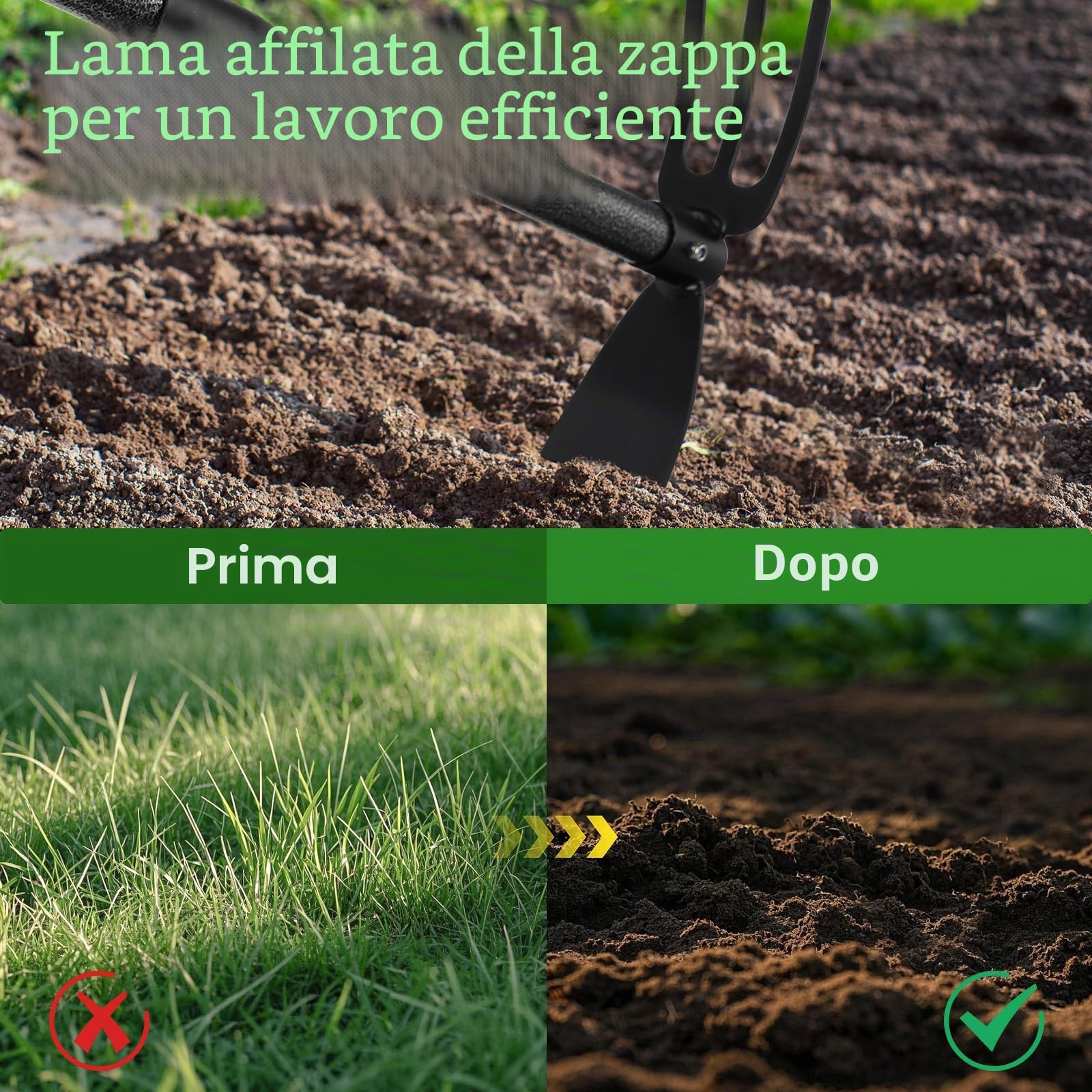 Harrms Zappa da giardino con manico 76 cm, doppia zappa multifunzione con 3 denti in metallo, per allentare, ventilare e diserbare il terreno