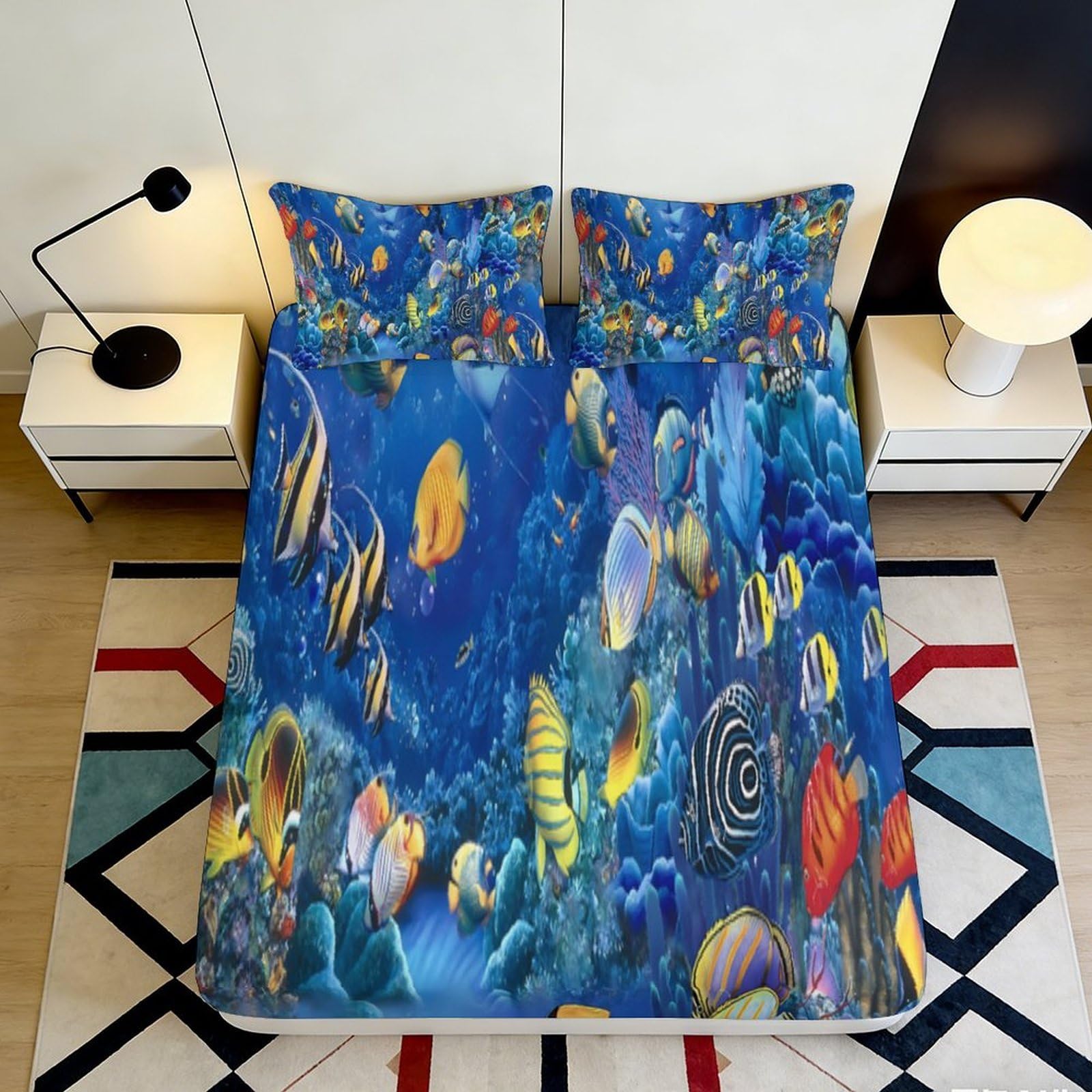 Uynsixtme Style-2 3D Printed Ocean Fish Fitted Sheet Microfiber Non-Slip Deep Pocket Bedroom Bedding Ocean Theme Mattress Fitted Cover 90X200x25cm
