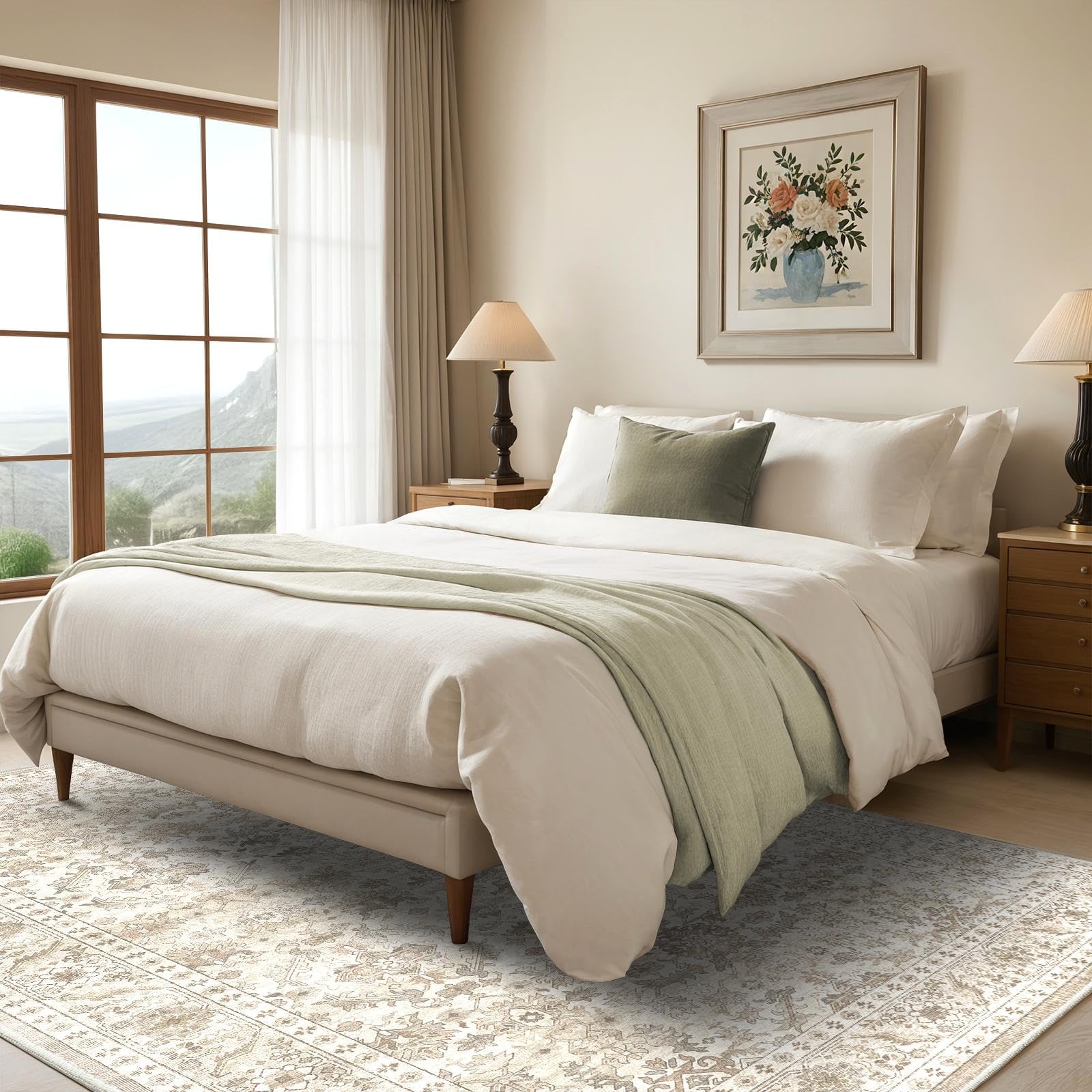 HOMFINE Beige Vintage Teppich Wohnzimmer 300x400 cm - Waschbarer Kurzflor mit Rutschfester Unterseite, weicher Boho Retro für Schlafzimmer Esszimmer Flur
