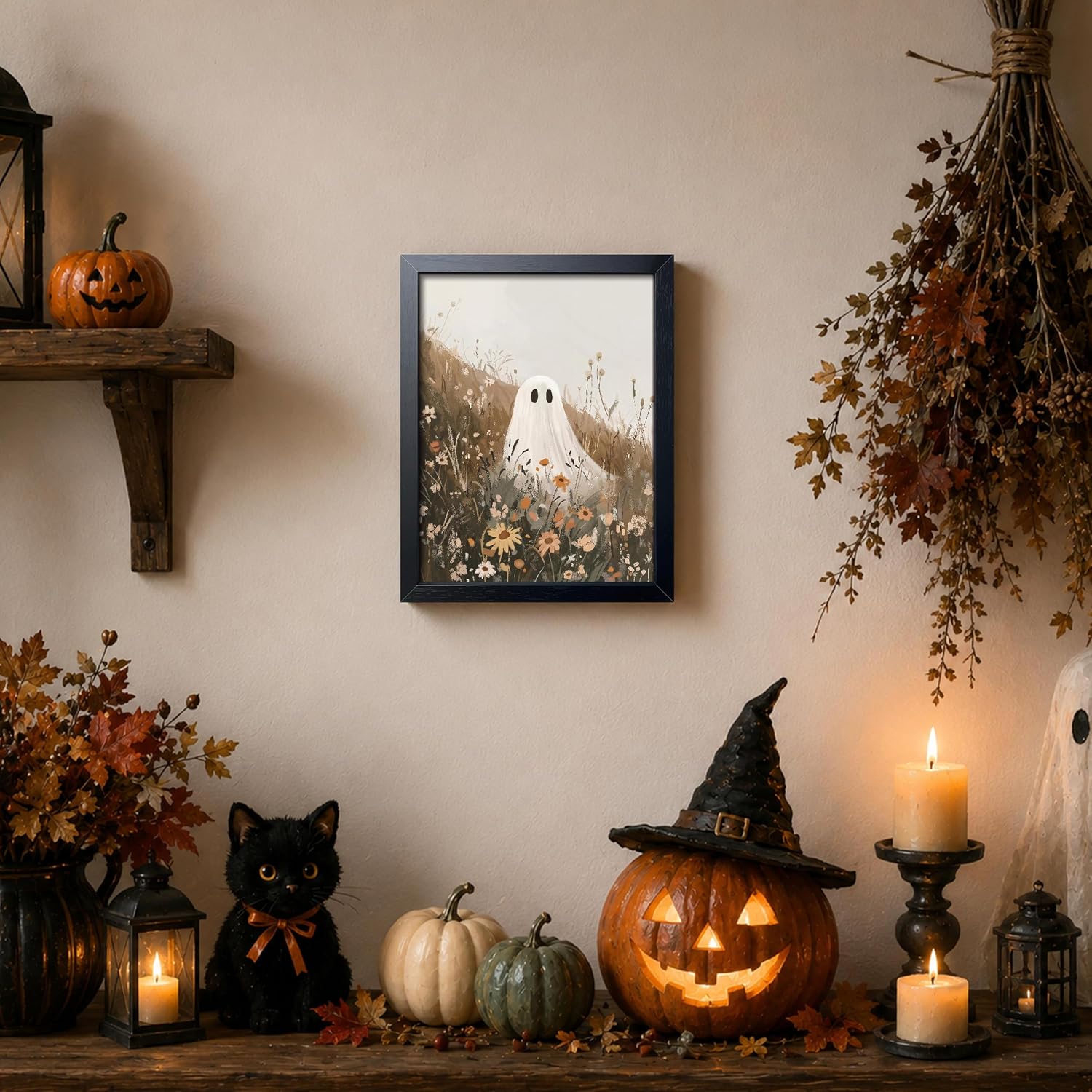 Framed Cute Ghost Wildflower Wall Art, Whimsical Halloween Ghost Canvas Poster Print Picture, Cottagecore Floral Ghost Wall Decor Painting for Bedroom Living Room Bathroom Home Aesthetic Decor 8x10 Inch image 3