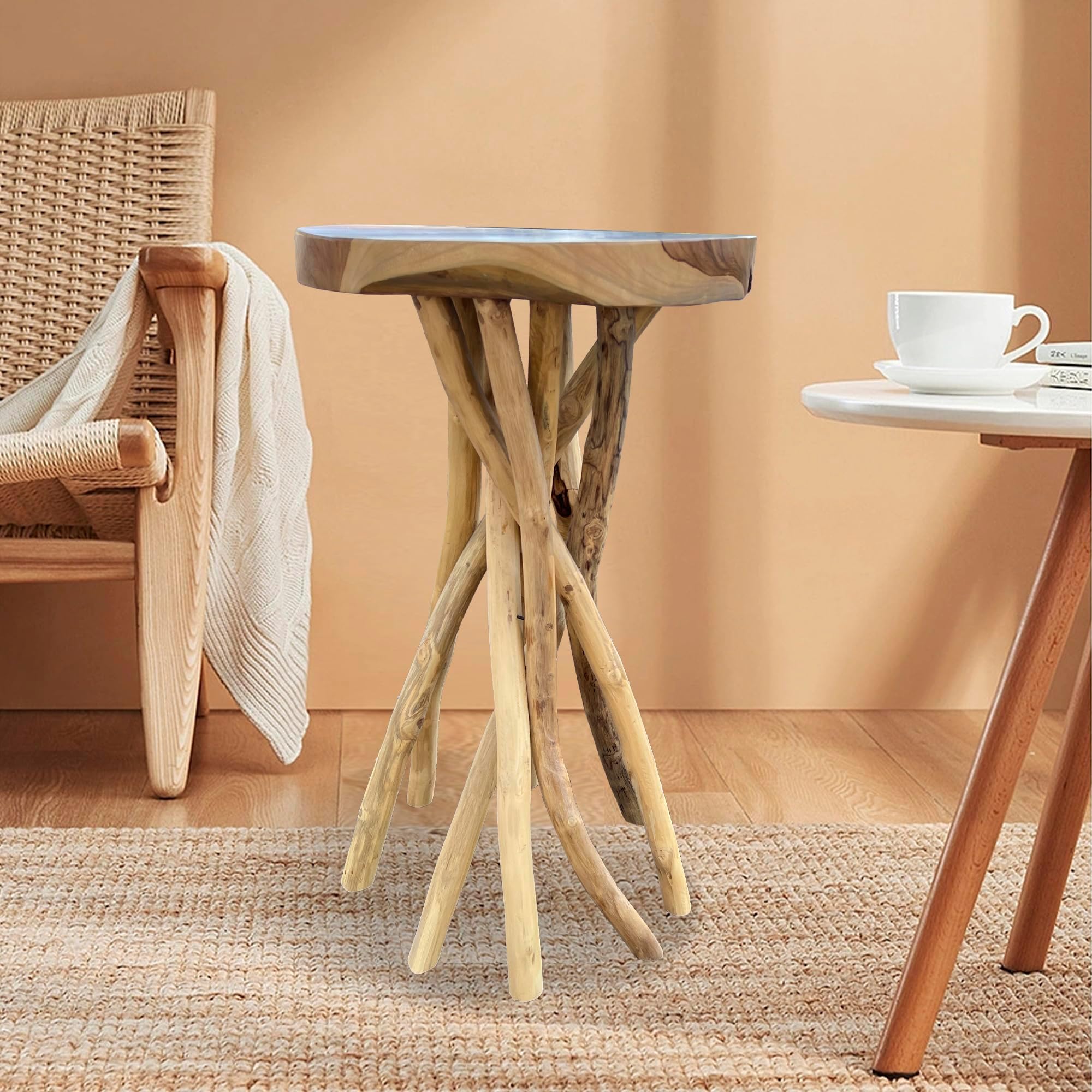 Greenage Teak Branch Coffee Table 15.7"x15.7"x27.6" Wooden Live Edge Side Table for Living Room Bedroom Home Decor Sturdy Handmade Wood end Table