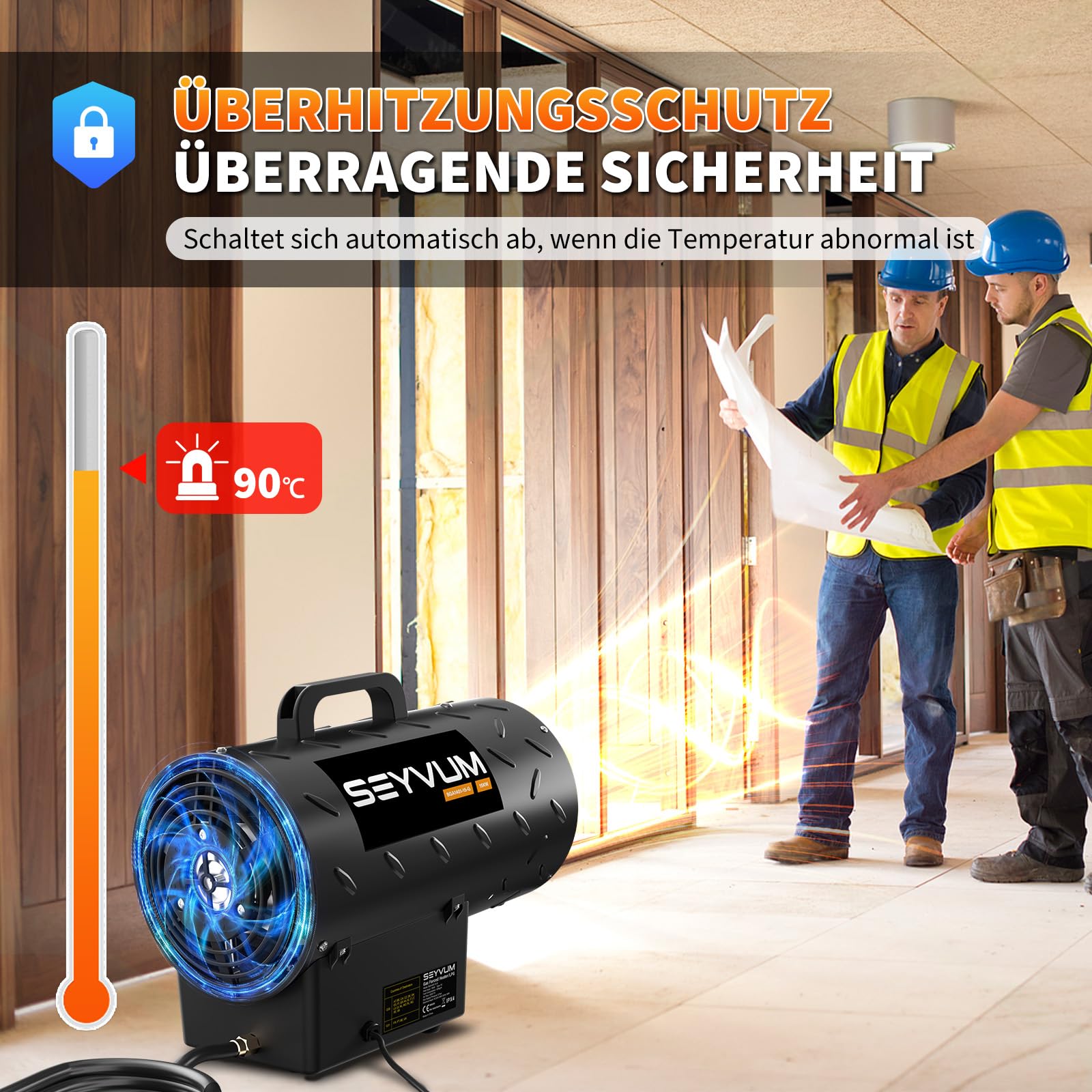 Gasheizung für innenräume,15KW Gas Heizgebläse, Gasheizgerät Gasheizer Gasheizgebläse Propangasheizgebläse 320 m³/h Luftdurchsatz, inkl. 1,4m Gasschlauch und 700 mbar