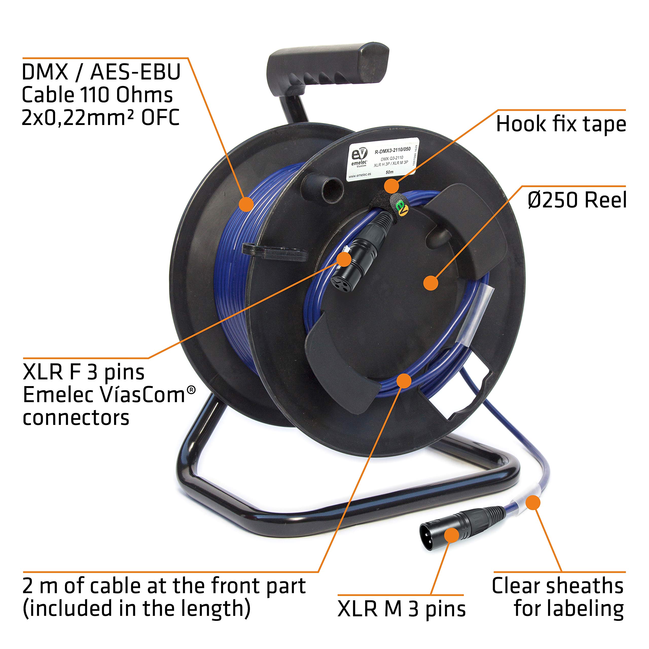 Emelec VíasCom R-DMX3-2110/050-50m Câble symétrique numérique DMX 110Ω OFC 2x0,22mm² monté sur porte-câbles avec XLR 3 broches - Couleur bleu nuit - PVC très flexible
