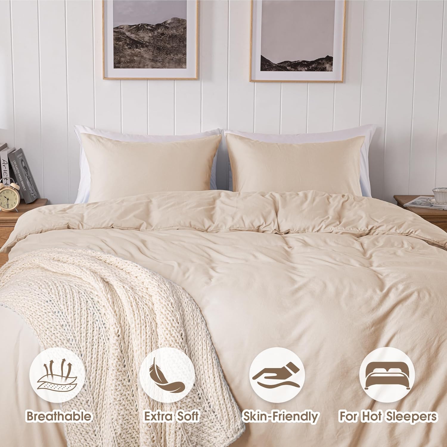 ROSE&RISY Super Soft Duvet Cover Queen Size, 3 Pcs Washed Microfiber Cotton-Like Comforter Cover Set with Button Closure & Corner Ties, 1 Duvet Cover 90x90 & 2 Pillow Shams, Sand Color, No Comforter - Image 4