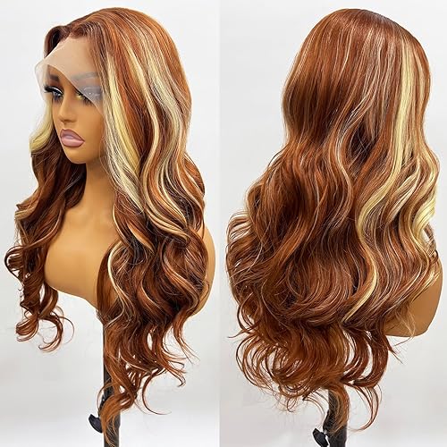 Miniatura 7 de GIANNAY Pelucas de encaje frontal color rojo degradado para mujeres negras, peluca larga de encaje rizado ondulado rojo vino para mujeres (pelucas