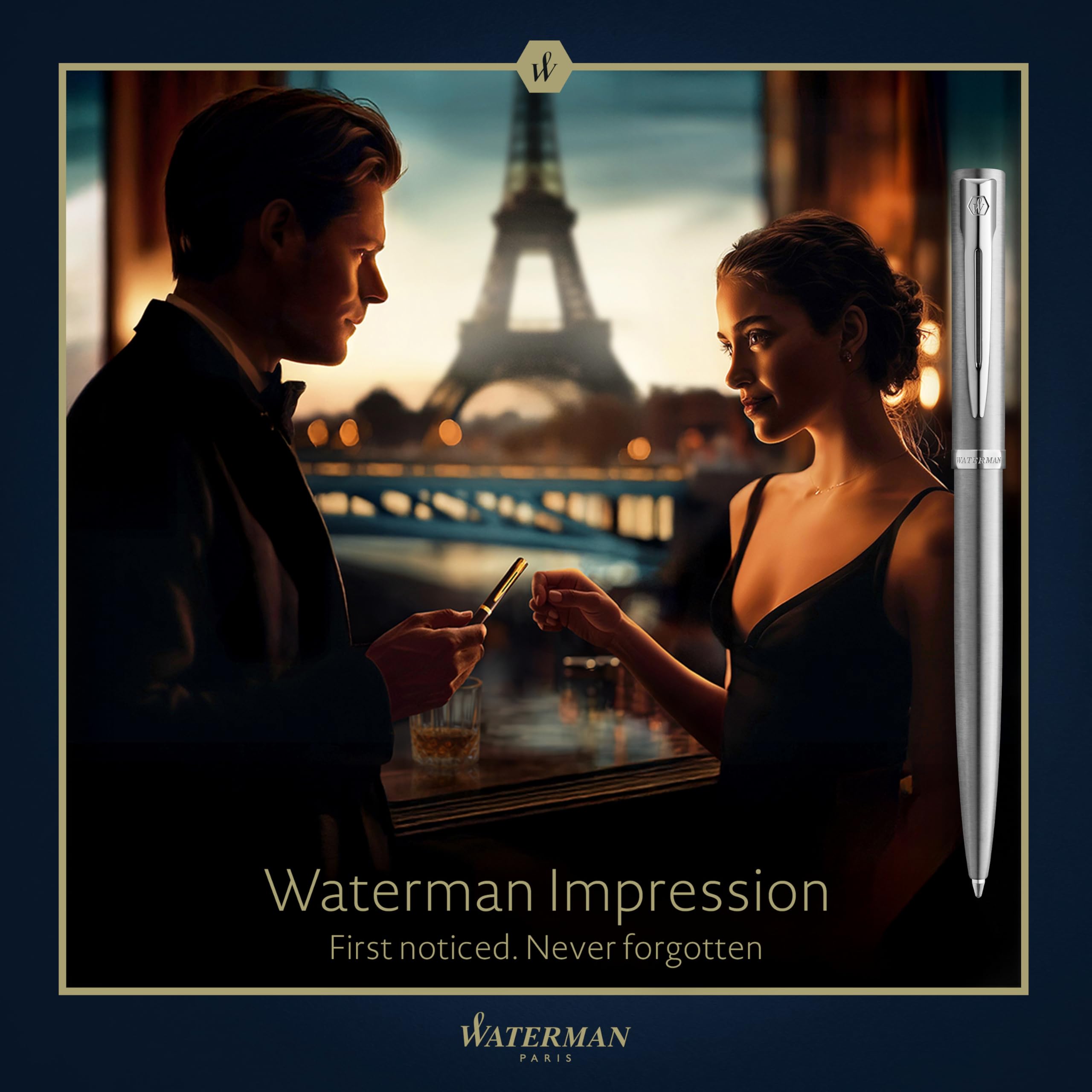 Waterman Impression Ballpoint Pen | Stainless Steel with Chrome Trim | Medium Point | Blue Ink | Gift Box - Image 2