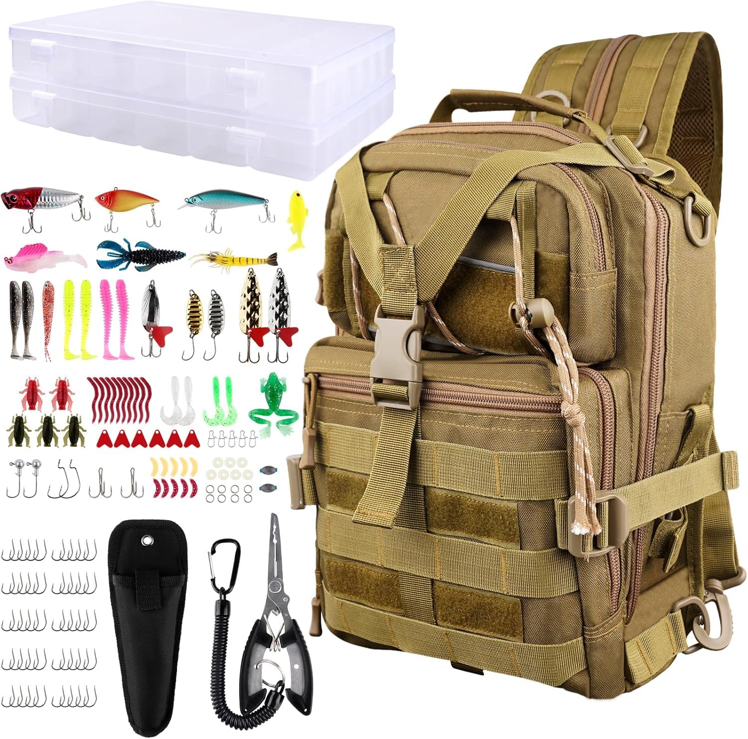 NewBEP Lot de 139 sacs à dos de pêche, sac à dos de pêche avec accessoires, sac de pêche, pince à poisson, ensemble d'accessoires de pêche en eau salée, marron, Sac à dos multifonction