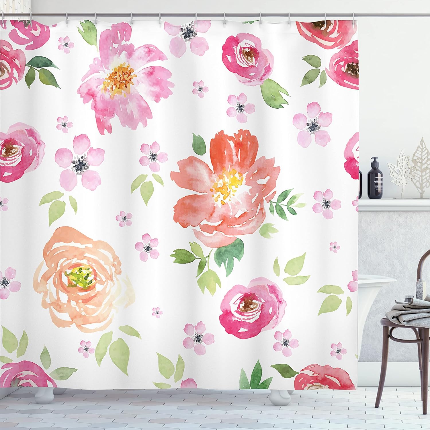 Ambesonne Floral Shower Curtain, Pastel Colors of Garden Flowers Roses and Tulips in Watercolor Abstract Garden Design Artwork, Cloth Fabric Bathroom Decor Set with Hooks, 69" W x 70" L, Pale Pink