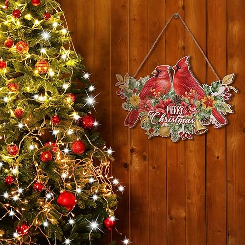 Miniatura 6 de Bencailor Decoración de puerta de Navidad, diseño de pájaros cardenales, letrero de bienvenida de madera para puerta delantera, letrero colgante de