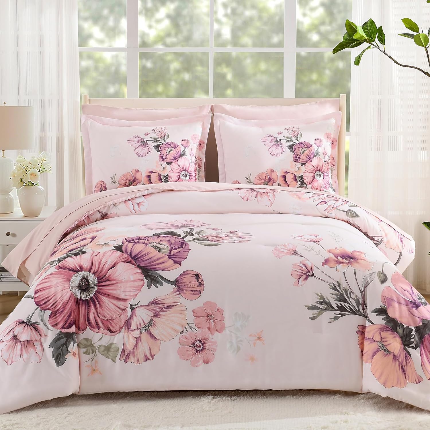 Queen Comforter Set - 7 Pieces Bed in a Bag Pink Floral Queen Comforter Set with Sheets, Soft Microfiber Flower Complete Bedding Set for All Seasons(Pink,90"x90")