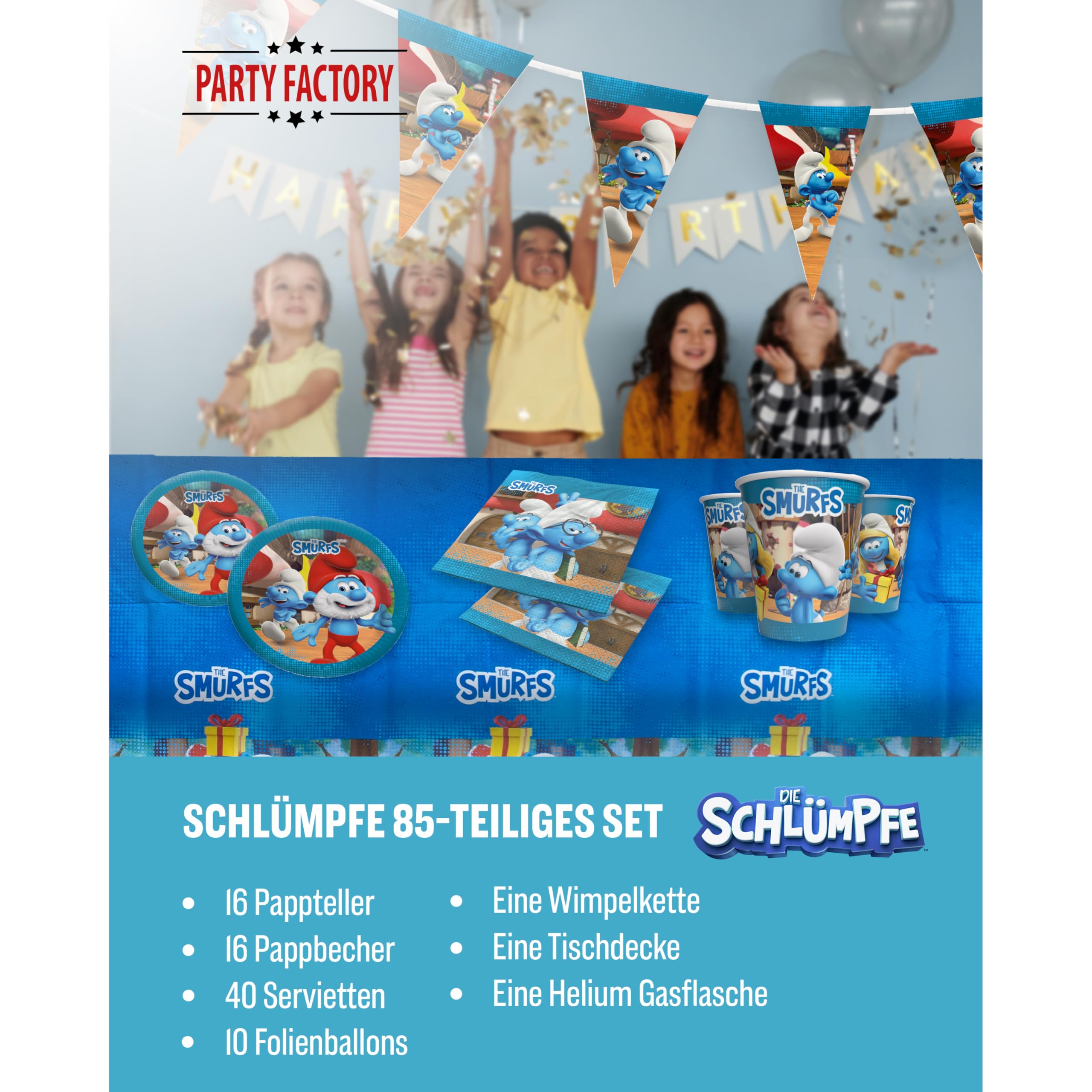 Die Schlümpfe – Schlumpfige Geburtstagsdeko Komplettset für Kinder - 85 tlg. Tischdeko Pappgeschirr mit Wimpelkette für Kindergeburtstag & Mottopartys - Party Deko Bundle mit Tellern, Servietten etc.