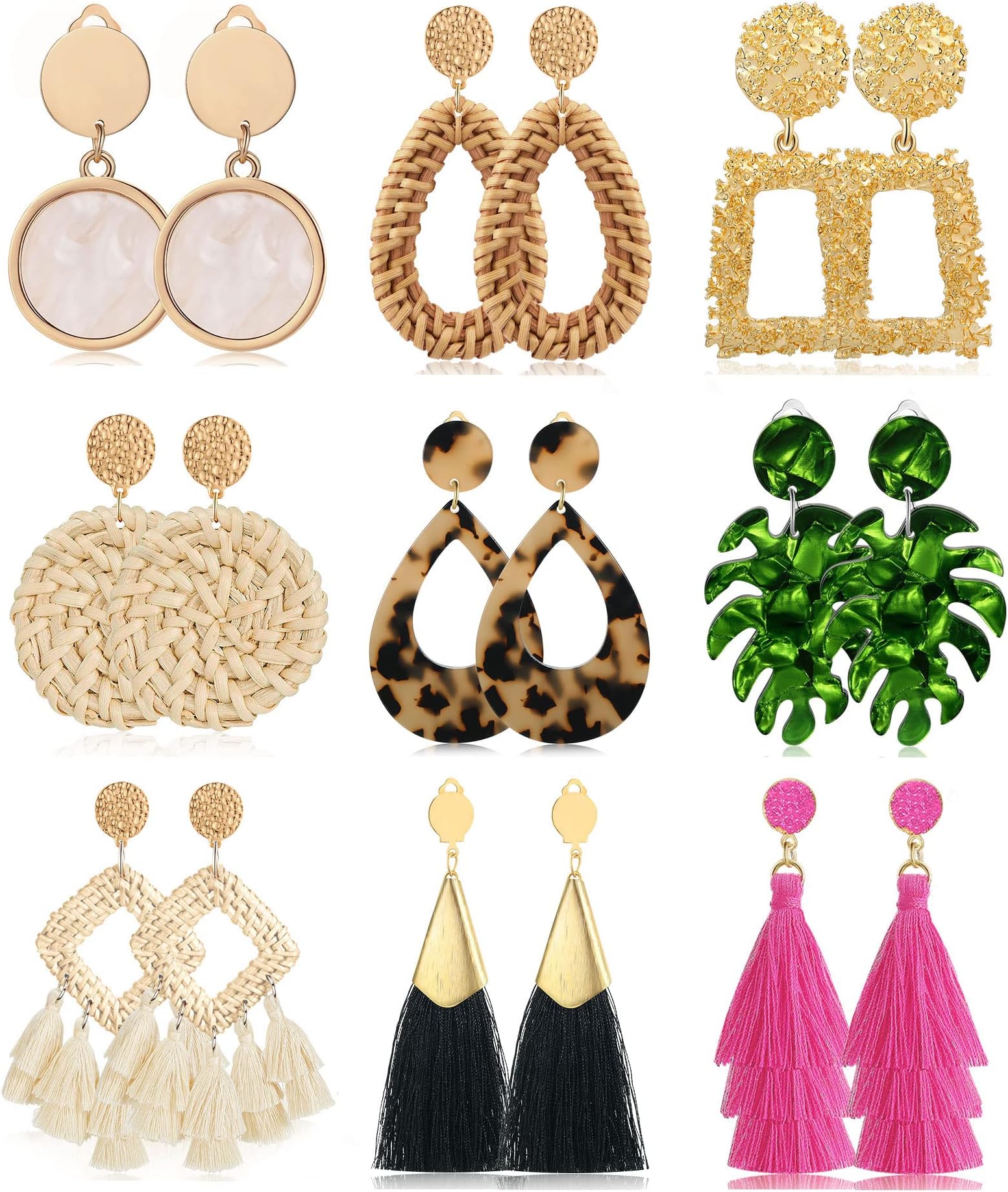 Honsny 9 Pairs Clip on Earrings for Women Fashion Rattan Tassel Earrings Set Lightweight Acrylic Statement Non Piercing Drop Dangle Earrings for Women