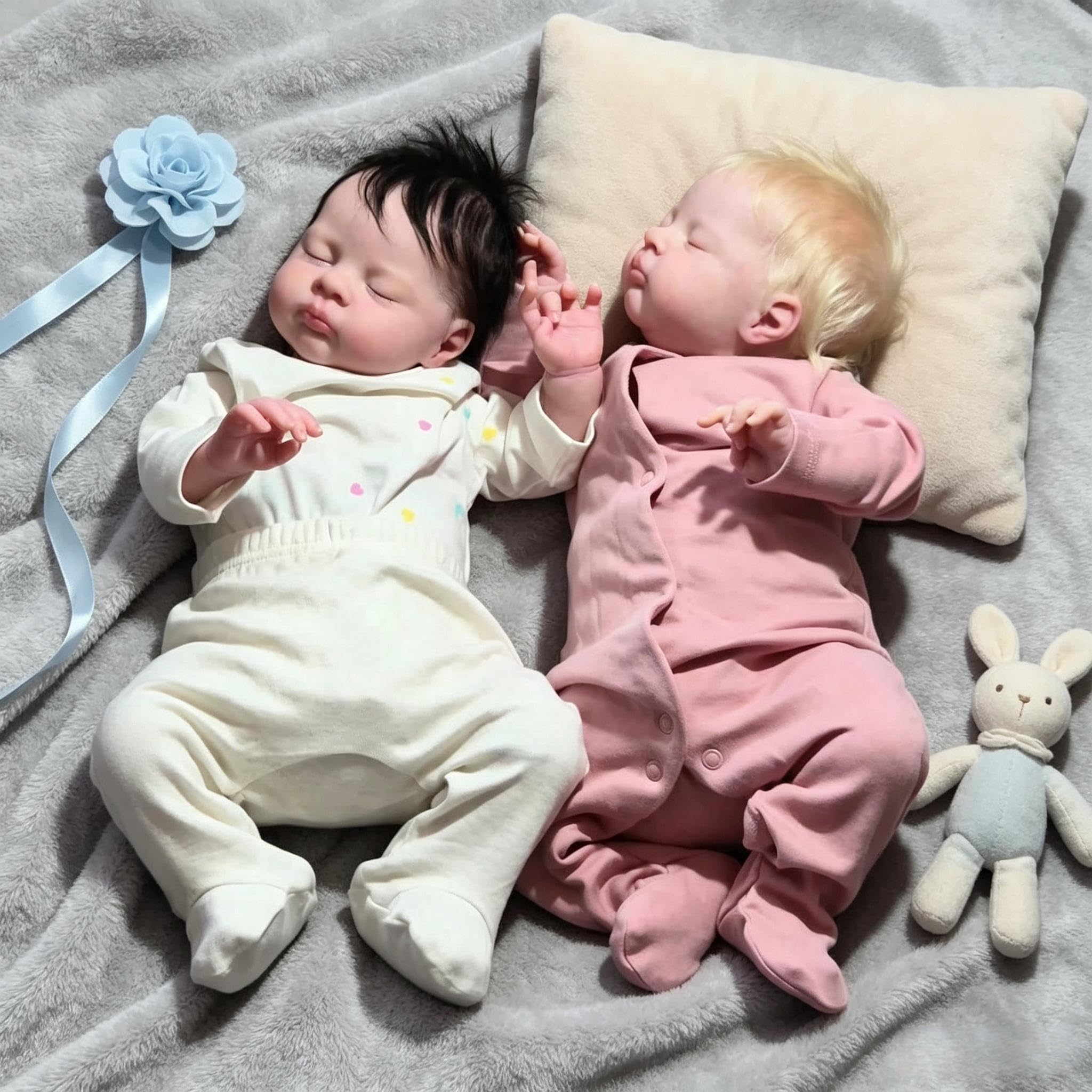 RXDOLL Lebensechte Reborn Babypuppen Zwillinge 19 Zoll Schlafende Reborn Baby Zwillinge Weicher Stoffkörper, Realistische Babypuppen mit Haar, Neugeborenenpuppe Spielzeug für Kinder