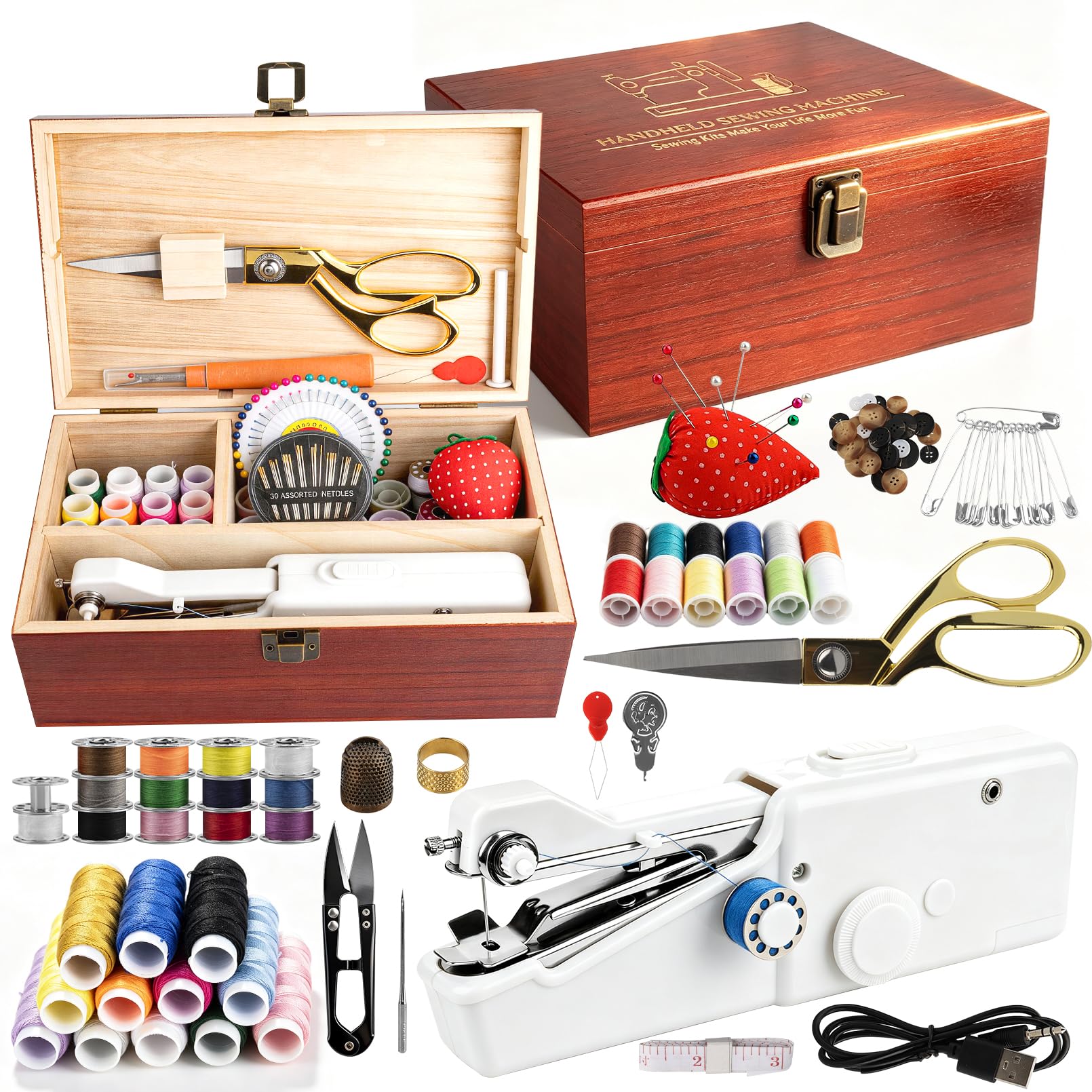 BRICH Handnähmaschine, Mini Nähmaschine Elektrisch Set mit Holz-Organizer | 120tlg Handnäh-Set mit USB für Anfänger & Kinder, Tragbare Nähmaschine für dicke Stoffe