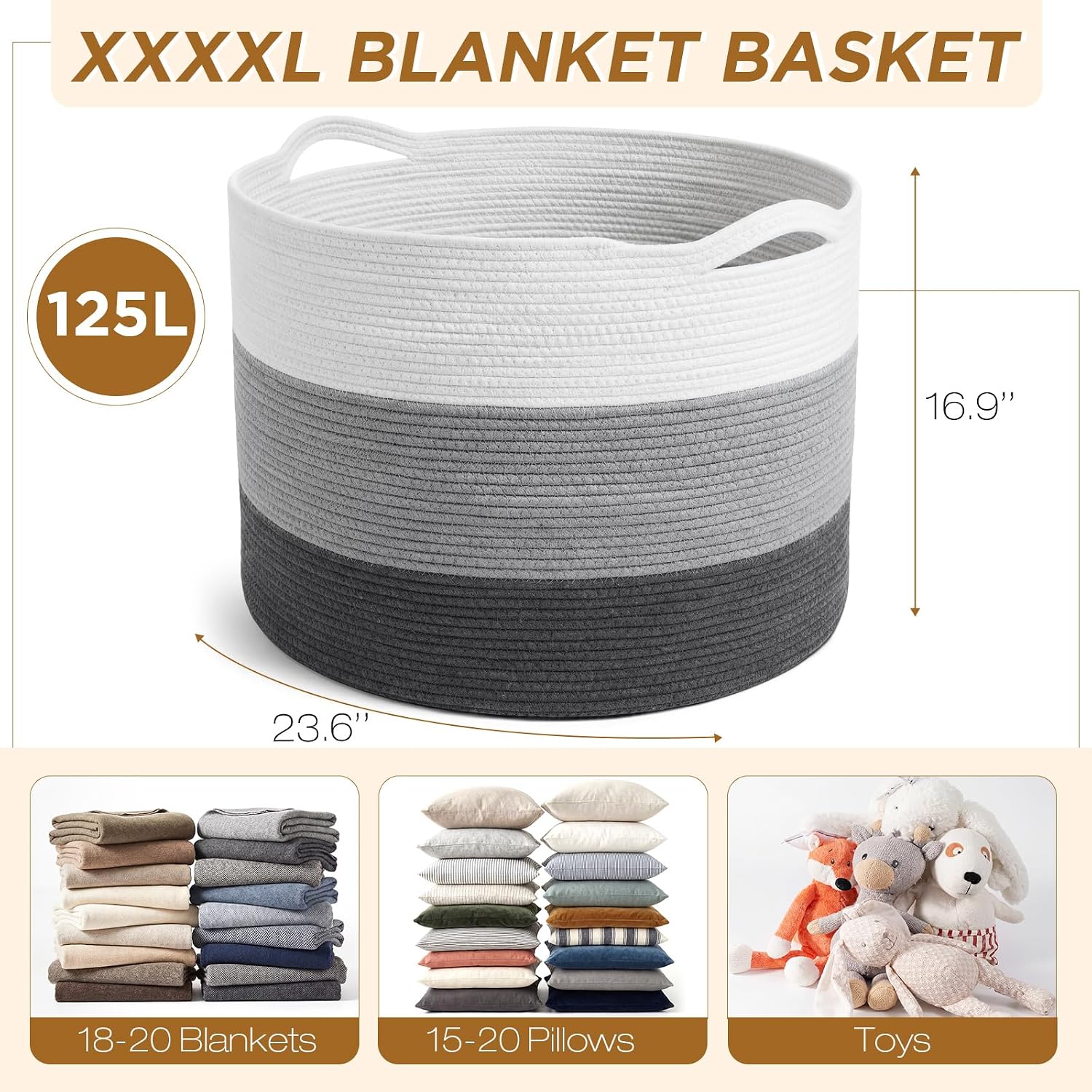 XXXXL 125L Extra Large Blanket Basket, 23.6"x16.9" Giant Woven Cotton Rope Storage Basket with Handle Laundry Hamper Toys Organizer Bin for Living Room Nursery Play Room(White, Light Gray & Dark Gray)