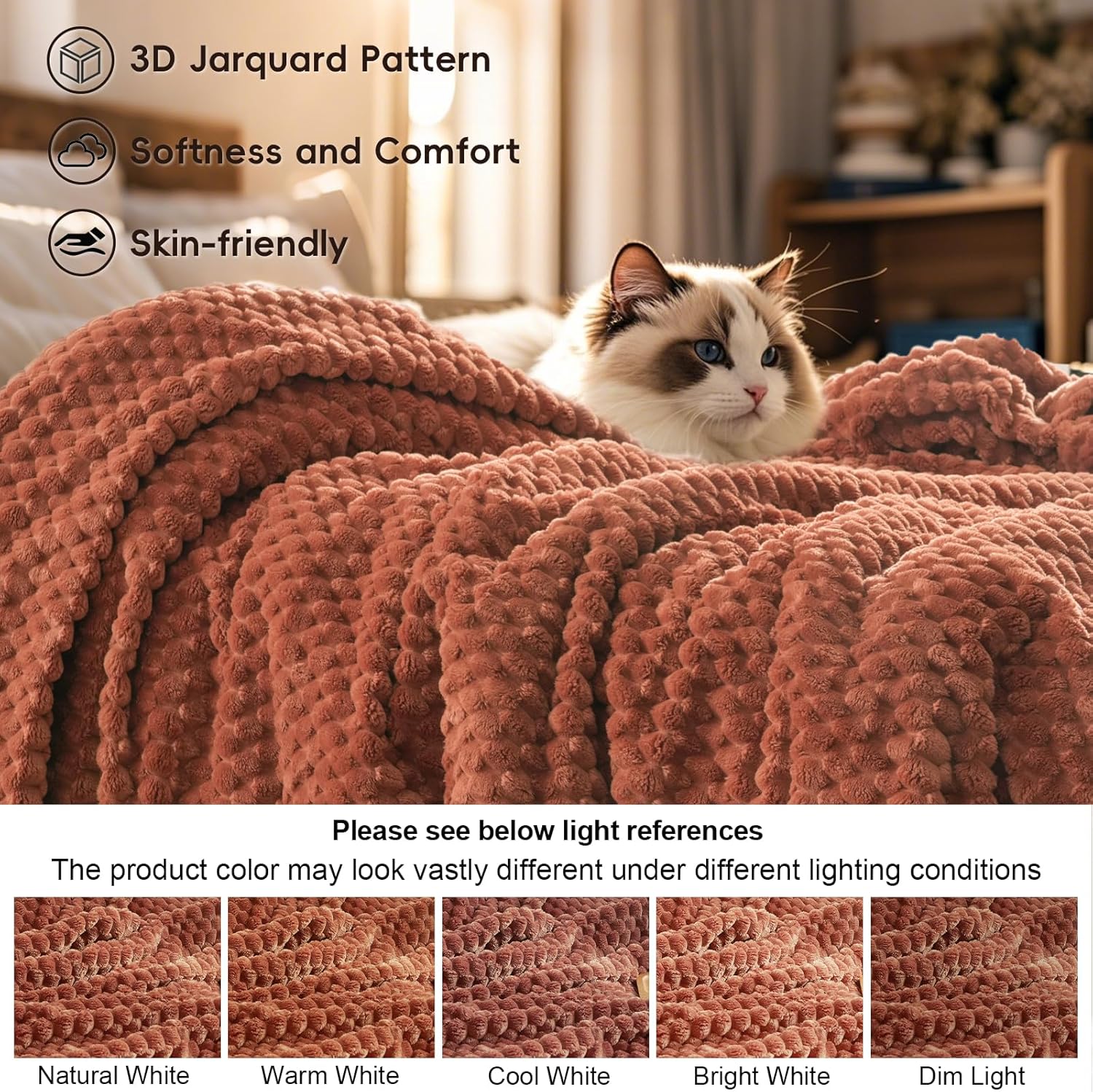 PHF Ultra Soft Flannel Fleece Blanket King Size, Lightweight 3D Jacquard Fleece Blanket, No Shedding, No Pilling, Luxury 340GSM Aesthetic Fluffy Cozy for Bed Room Decor, 108"x90", Terracotta