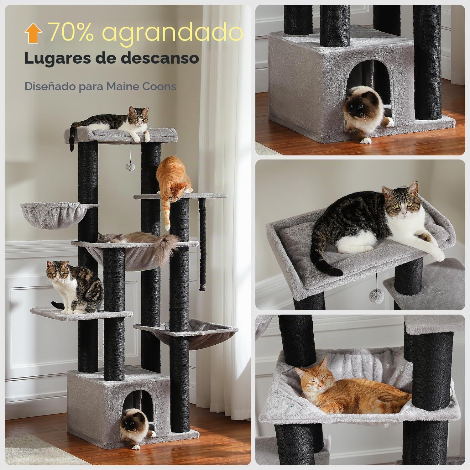PAWZ Road Rascador para Gatos Grandes Estable con Varios Niveles, rascador Grande con Hamaca, 13 Postes de sisal (Dia 11 cm), Gran Barra de Asiento, rascador XXL 169