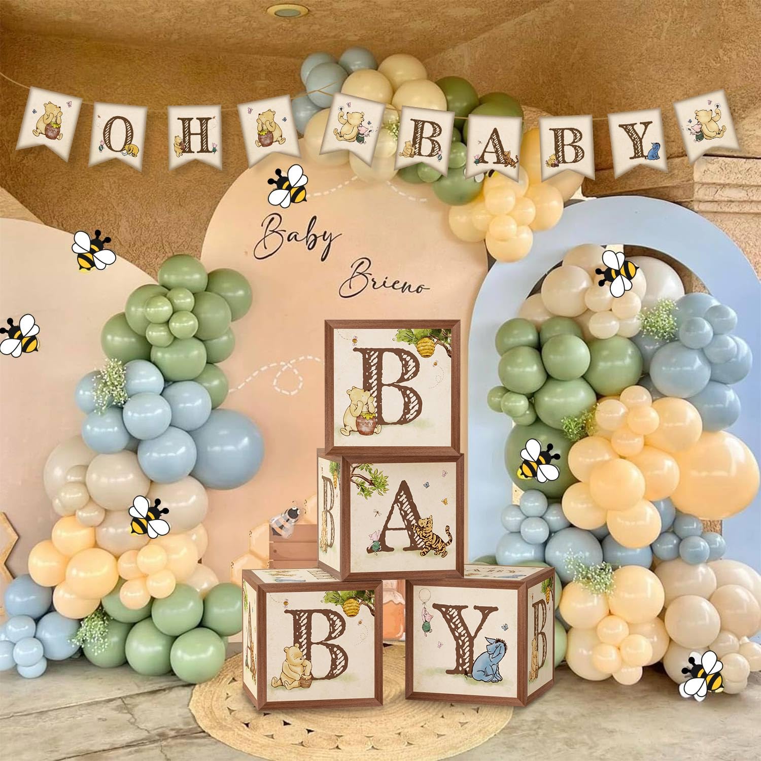 Photo 1 of 125Pcs Classic Winnie Bear Baby Shower Decorations Baby Boxes Balloons Banner Kit, Neutral Vintage Pooh Balloons Baby Blocks with Letters Banner Bee Stickers for Boys Girls Baby Shower Gender Reveal