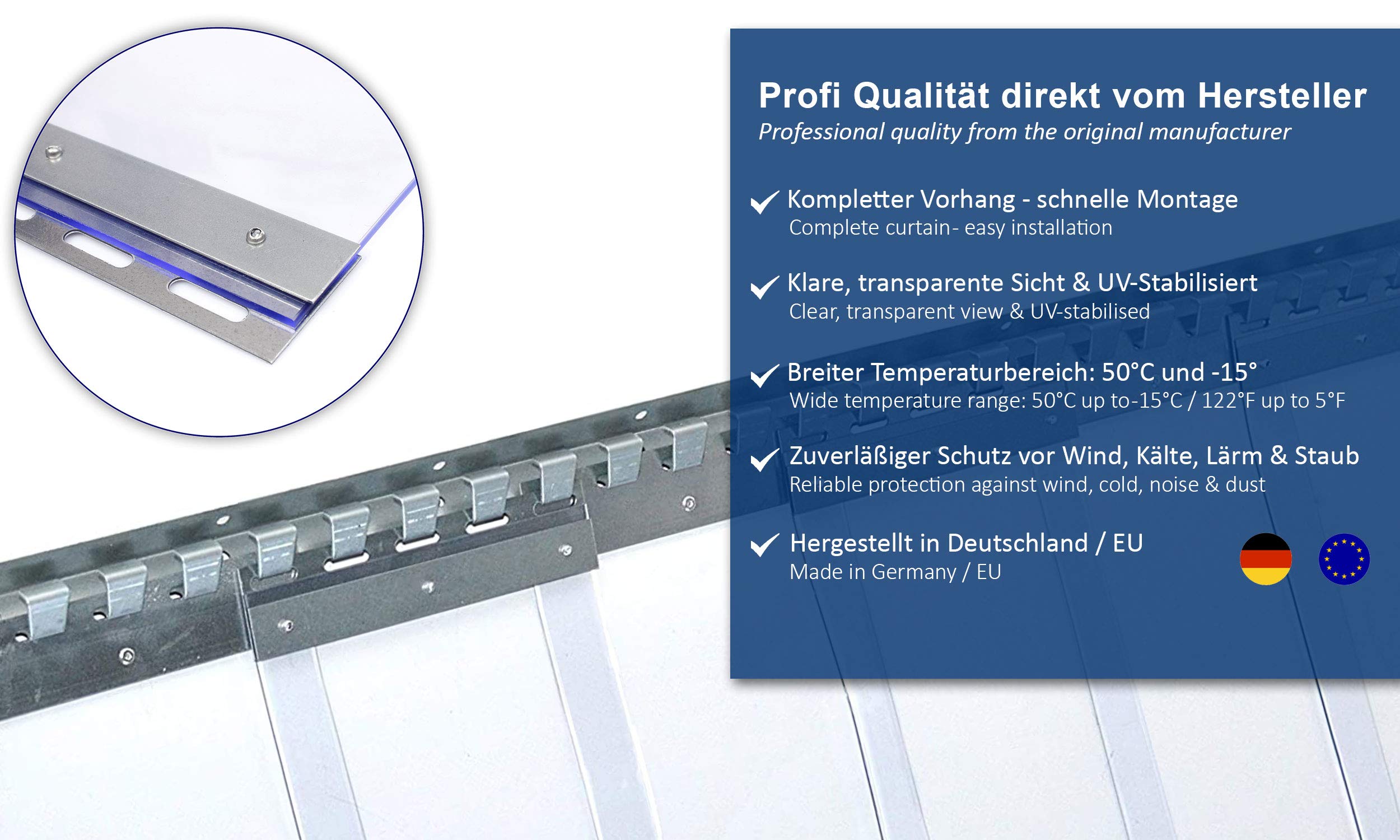 Zettl GmbH tenda a strisce in PVC, lamelle 3x300mm, larghezza x altezza 5,00x2,75m, preassemblato, acciaio inossidabile, per l'agricoltura, la ristorazione, l'industria