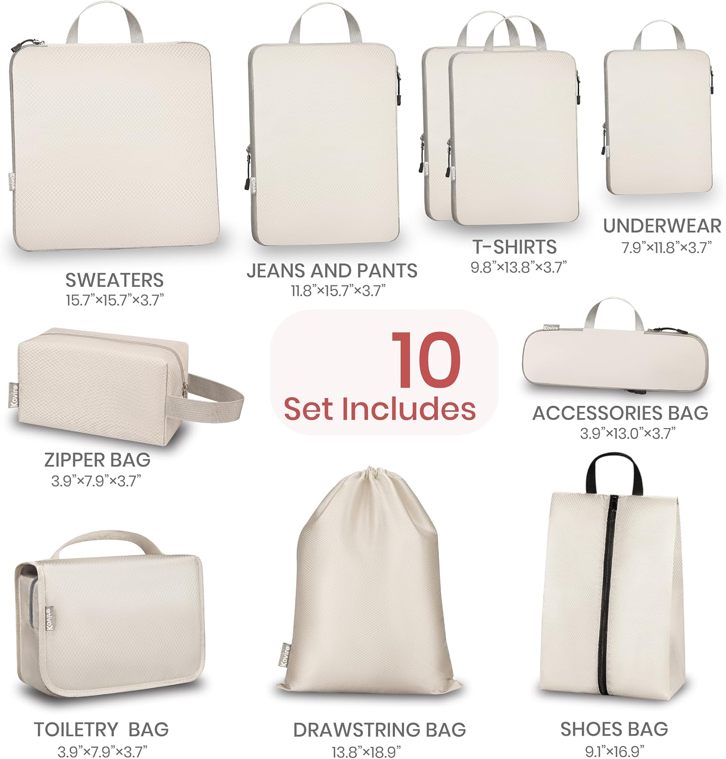 Compression Packing Cubes for Travel, Set of 10 Expandable Luggage Organizers with Shoe Bag, Lightweight Water-Resistant Suitcase Essentials for Carry-on & Checked Luggage, Apricot