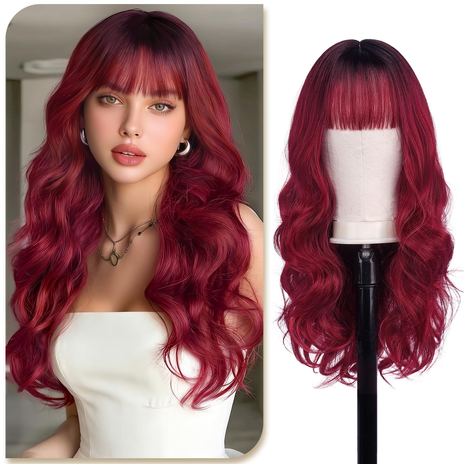 Sofeiyan Pelucas Largas Onduladas con Flequillo,60 cm Negro Burdeos con Degradado Pelucas Mujer Pelo Natural,Peluca Sintético Para Diario Festival de Música y Fiesta de la Hoguera Cosplay