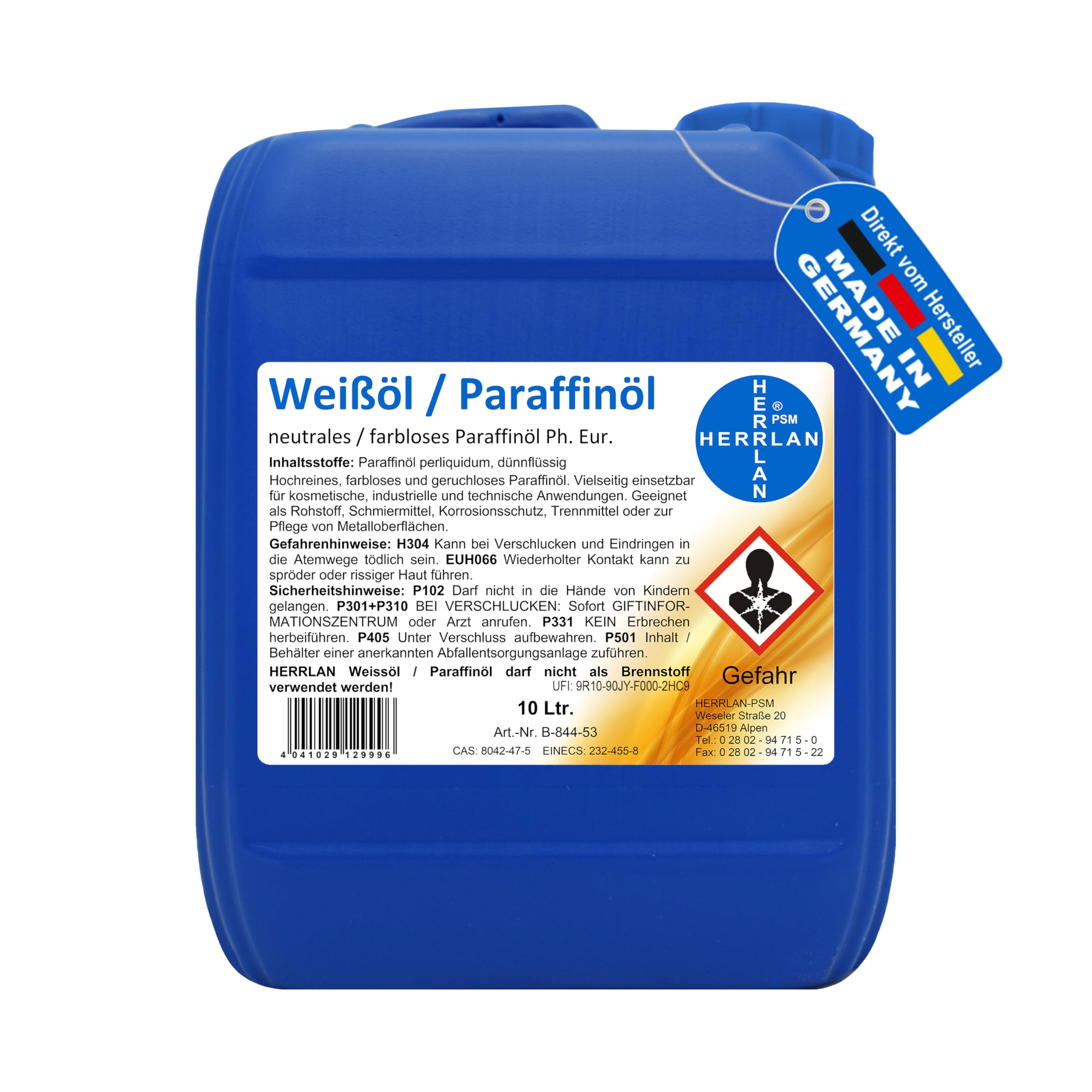 HERRLAN® Paraffinöl Ph. Eur. 10 Liter – Weißöl - medizinischer Qualität | farblos, geruchslos & dünnflüssig – BAuA-Nr. N-111510 – Industrie & Technik – Made in Germany