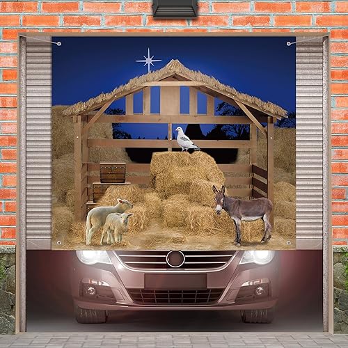 Vista 18 de Preboun Pancarta de Navidad para puerta de garaje, decoración de fiesta de invierno (8 x 16 pies)