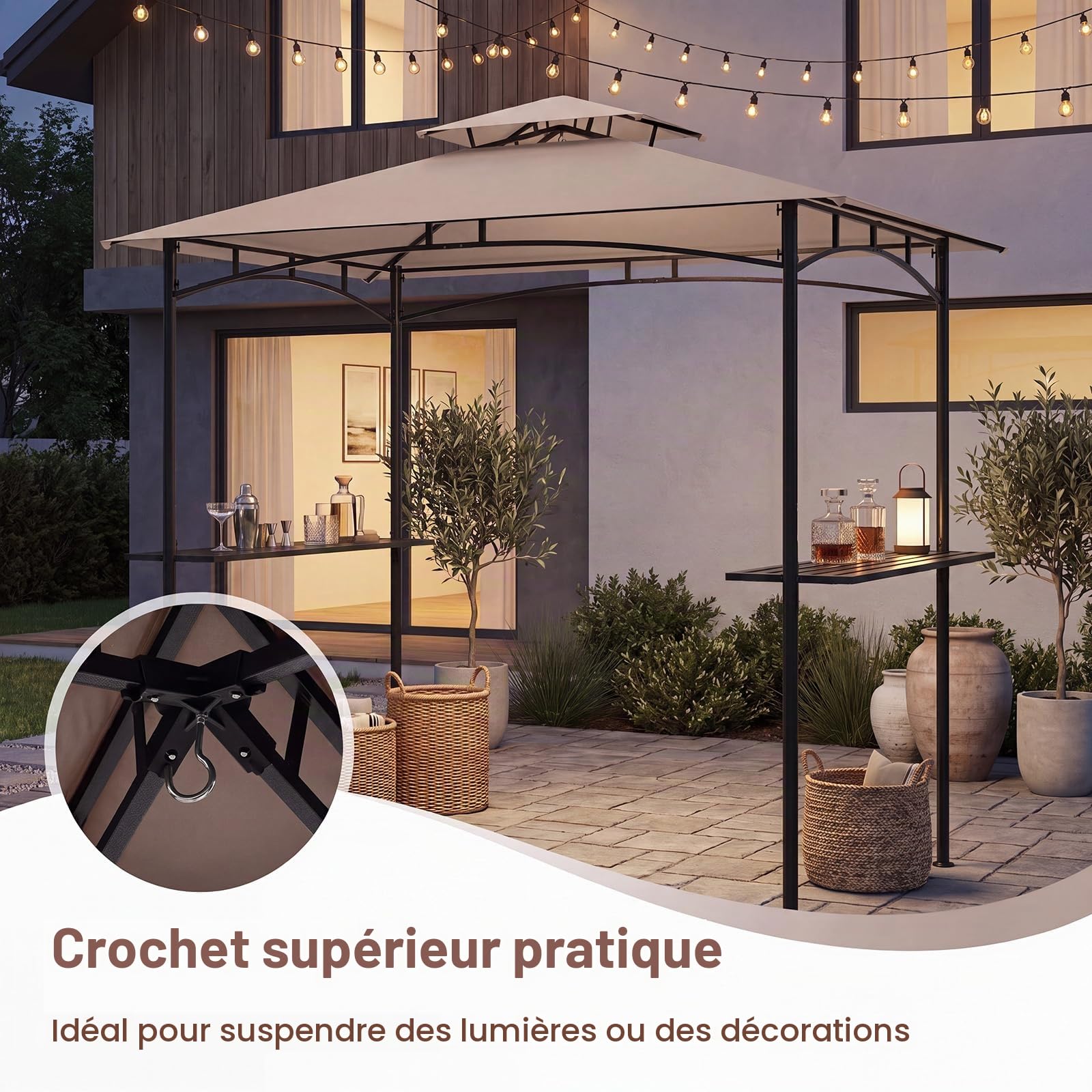 KOMFOTTEU Abri Barbecue Double Toit, 2 Étagères, 240x151x255cm, Café