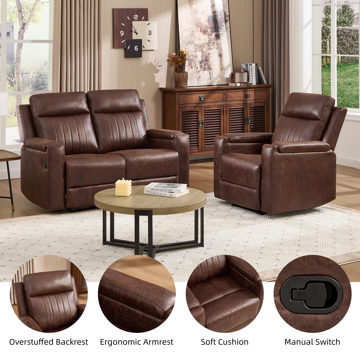 Manual Faux Leather Recliner Chair and 58 Loveseat Storage Cup Holder Red Brown image 4