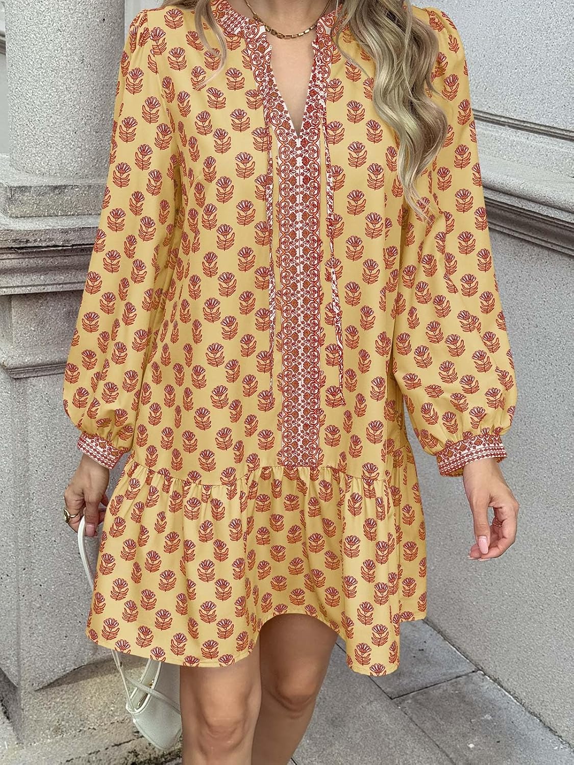 Wenrine Womens Long Sleeve Casual Mini Dress Floral V Neck Ruffle Loose Fall Boho Babydoll Dresses with Pockets - Image 5