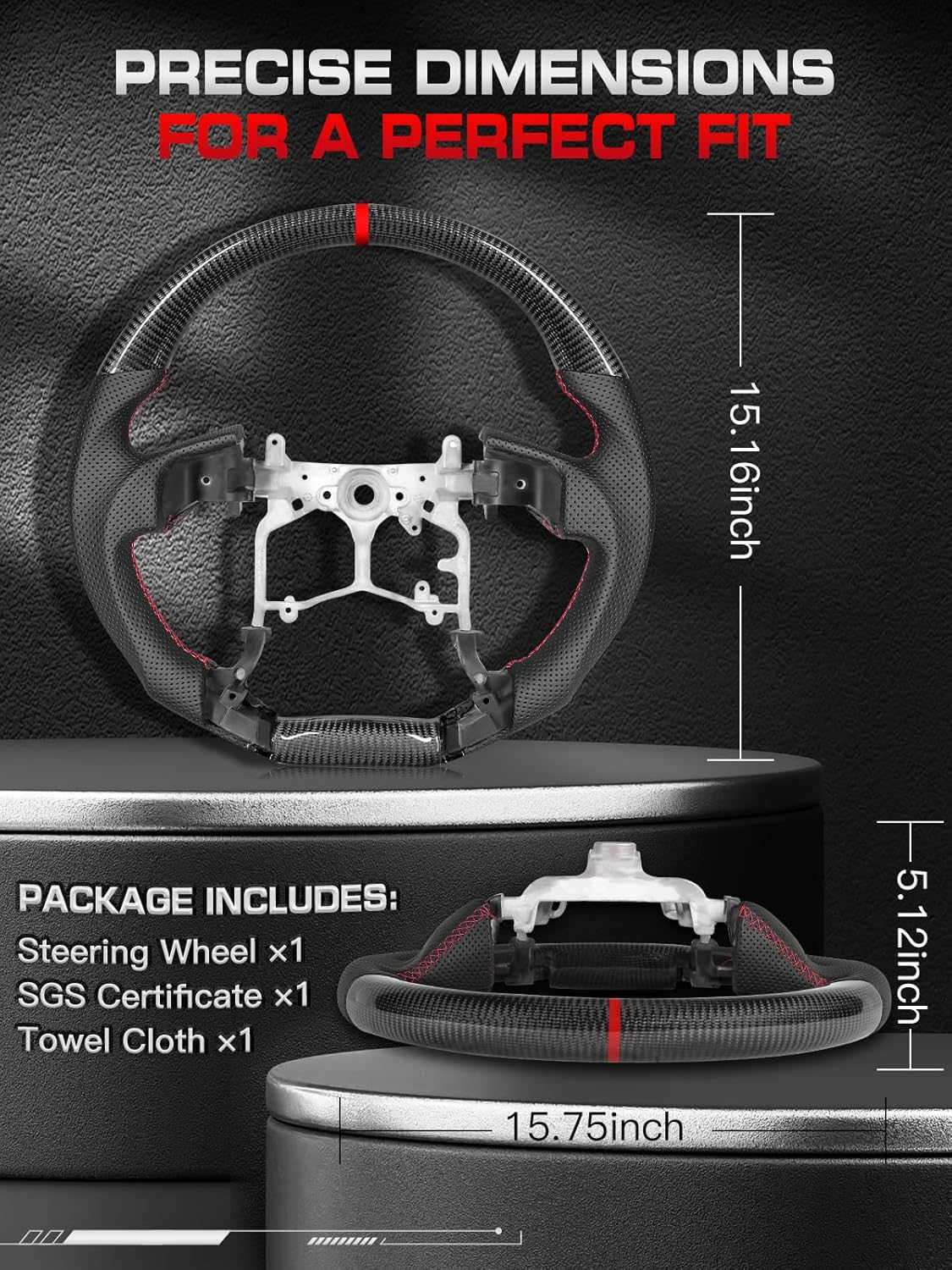 Real Carbon Fiber Steering Wheel Frame compatible with Toyota Tacoma (2012-2023), for 4Runner (2010-2024), for Tundra (2014-2021) - Black Perforated Grip, Red Stitching, Red Center Stripe