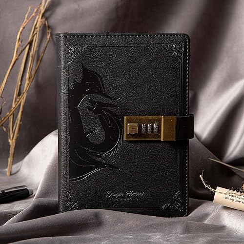 Vista 87 de Dragon - Diario de cuero, cuaderno de tapa dura, diario recargable con cerradura, diario de escritura en papel en línea/en blanco con cerradura