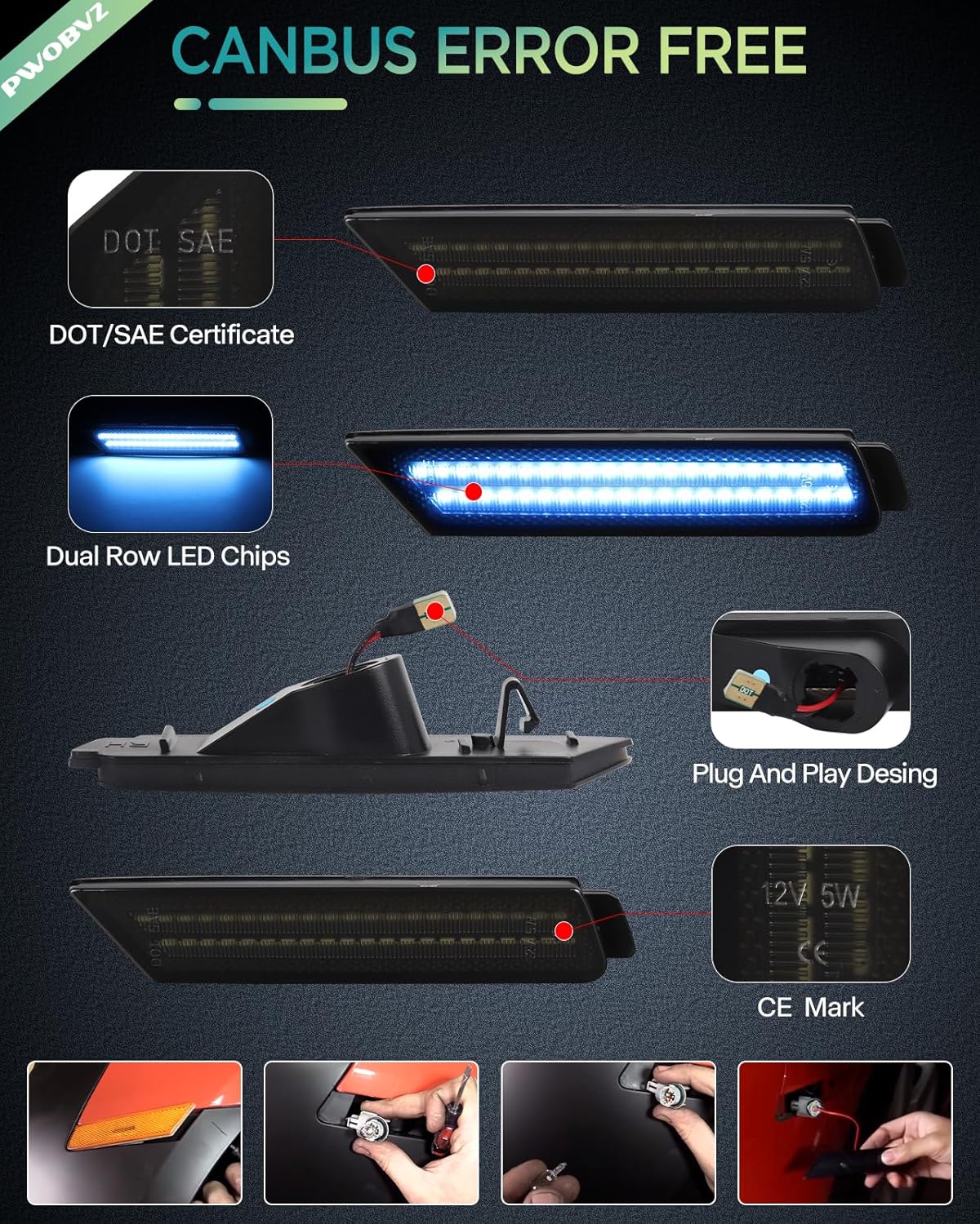 Dynamic Blue Side Marker Light Compatible for 5th Gen Chevy Camaro 2010 2011 2012 2013 2014 2015, Front Rear Dual Rows Driver & Passenger Side Bumper Lights, LED Smoked Len 4PCS