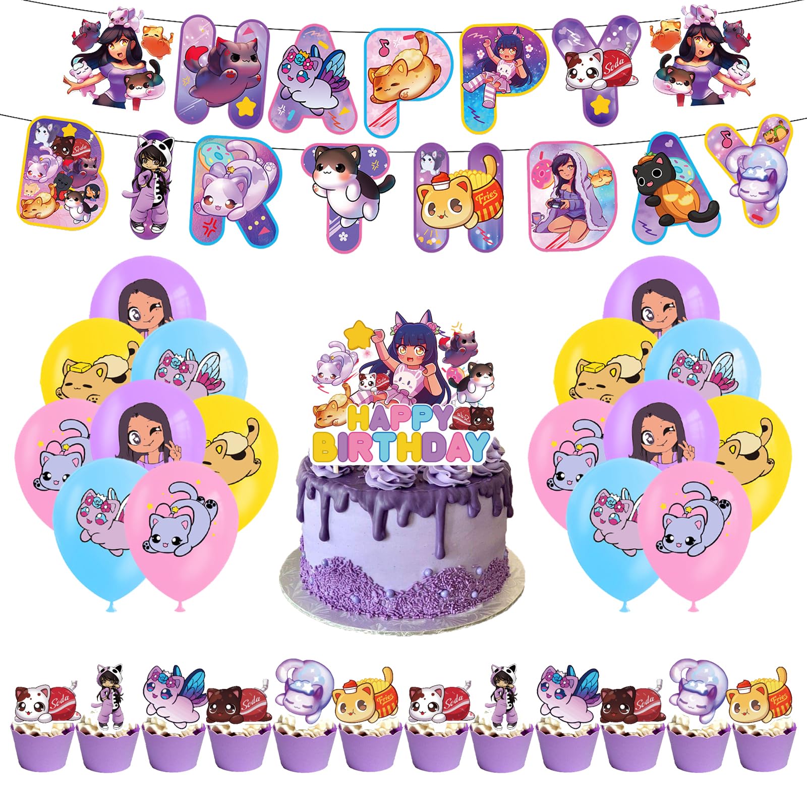 SMLHPARTY Aphmau Cat Birthday Decoration Pack - Purple Aphmau Plushies Balloons, Cake Toppers, Birthday Banner
