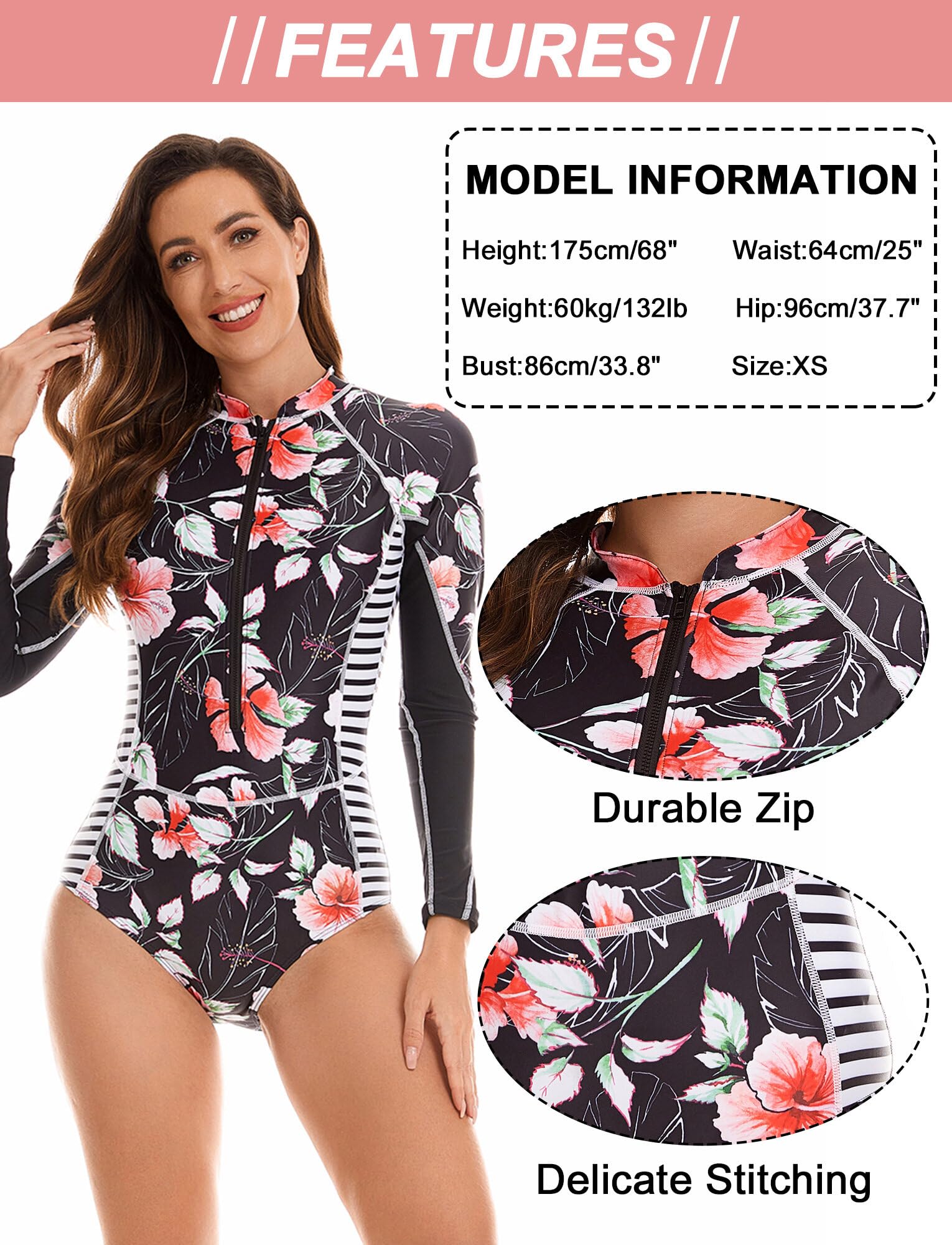 SEAUR Damski kostium kąpielowy z długim rękawem, jednoczęściowy Rashguard, UPF 50+, ochrona przed promieniowaniem UV, krój slim fit, jednoczęściowy strój kąpielowy, ochrona przed słońcem