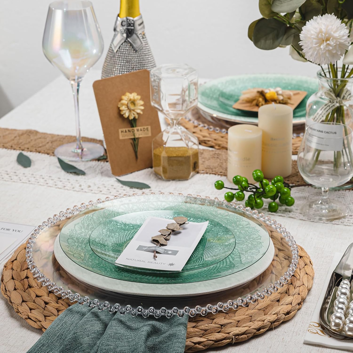 32 Pcs Transparent Green Plastic Plates, Elegant Floral Disposable Dessert Plates Combo Pack 7 inch Dessert Plate and 10 inch Dinner Plate, Fancy Green Dinnerware Set for Party, Wedding - Image 4