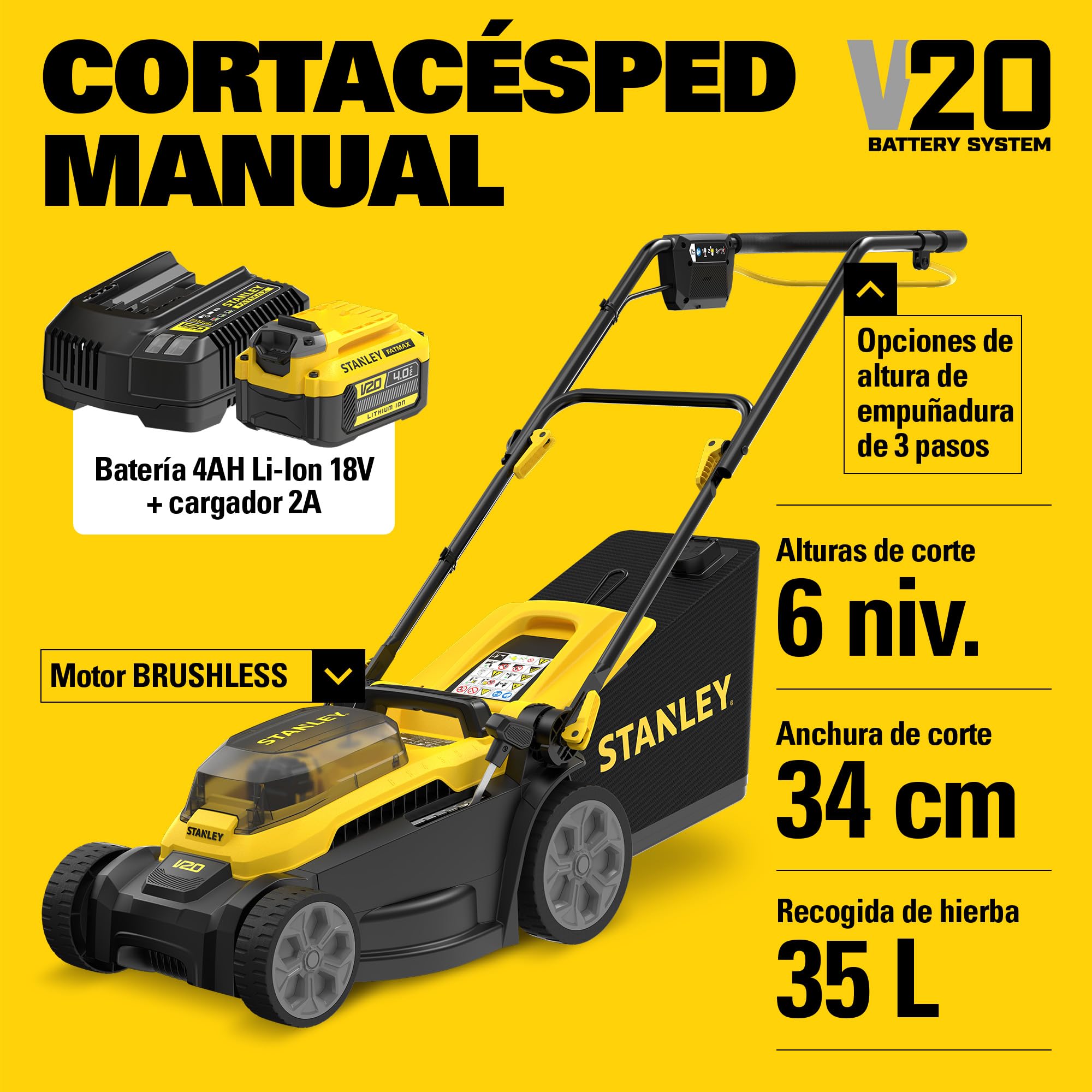 STANLEY V20 Cortacésped sin escobillas de 34 cm, incluye batería de iones de litio de 4 Ah y cargador de 2 A, 18 V, SCMWP3401M1-QW